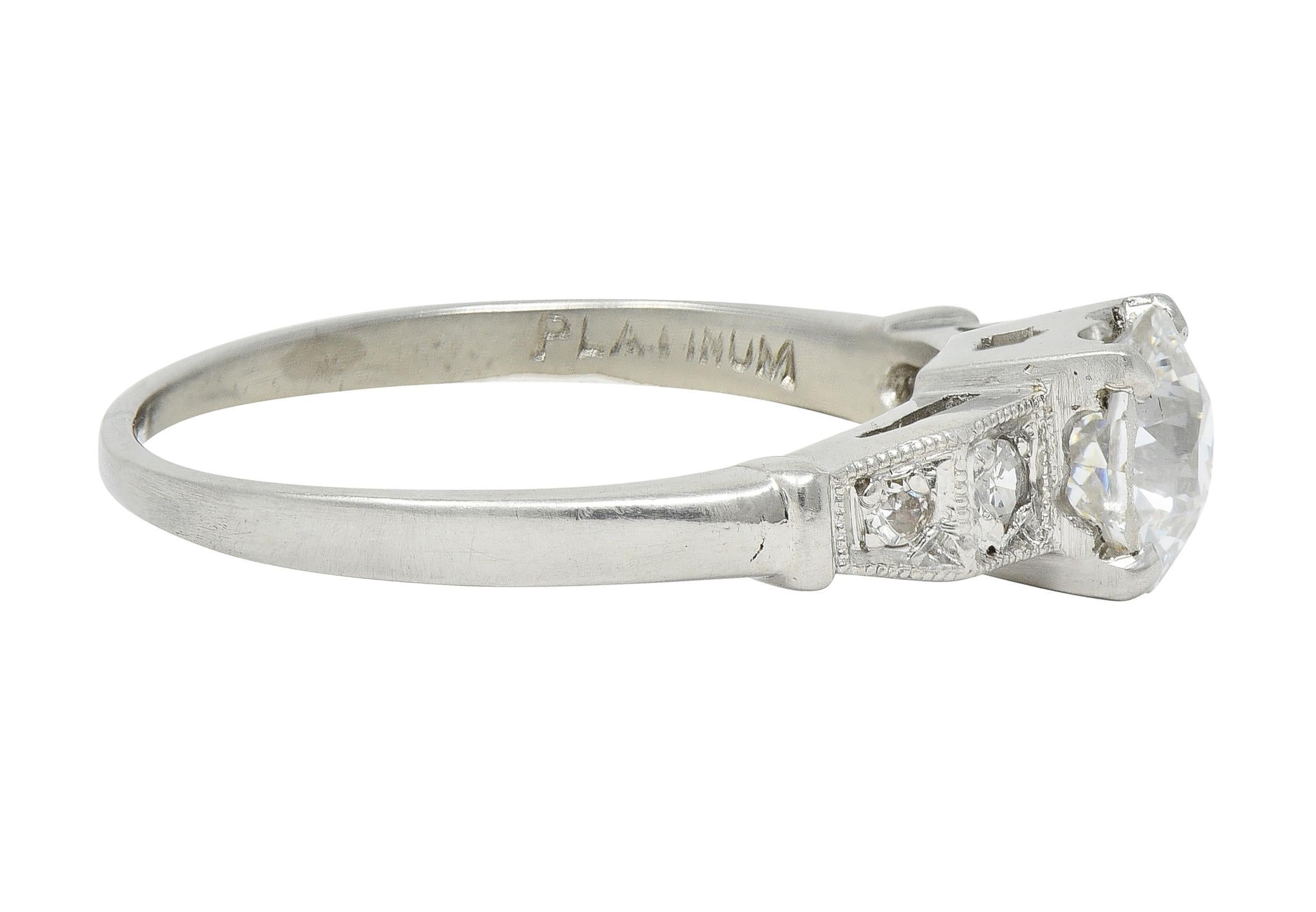 Old European Cut Art Deco 1.01 CTW Diamond Platinum Five Stone Vintage Engagement Ring For Sale
