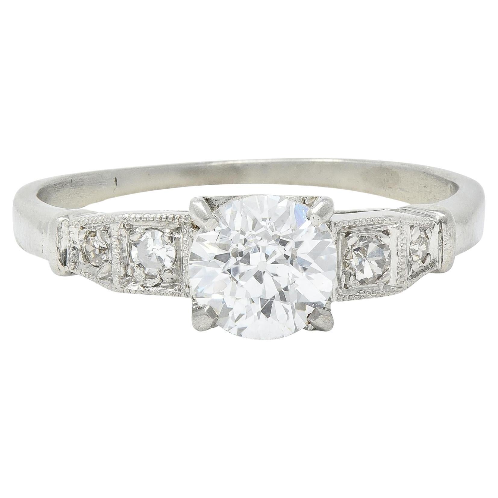 Art Deco 1.01 CTW Diamond Platinum Five Stone Vintage Engagement Ring For Sale