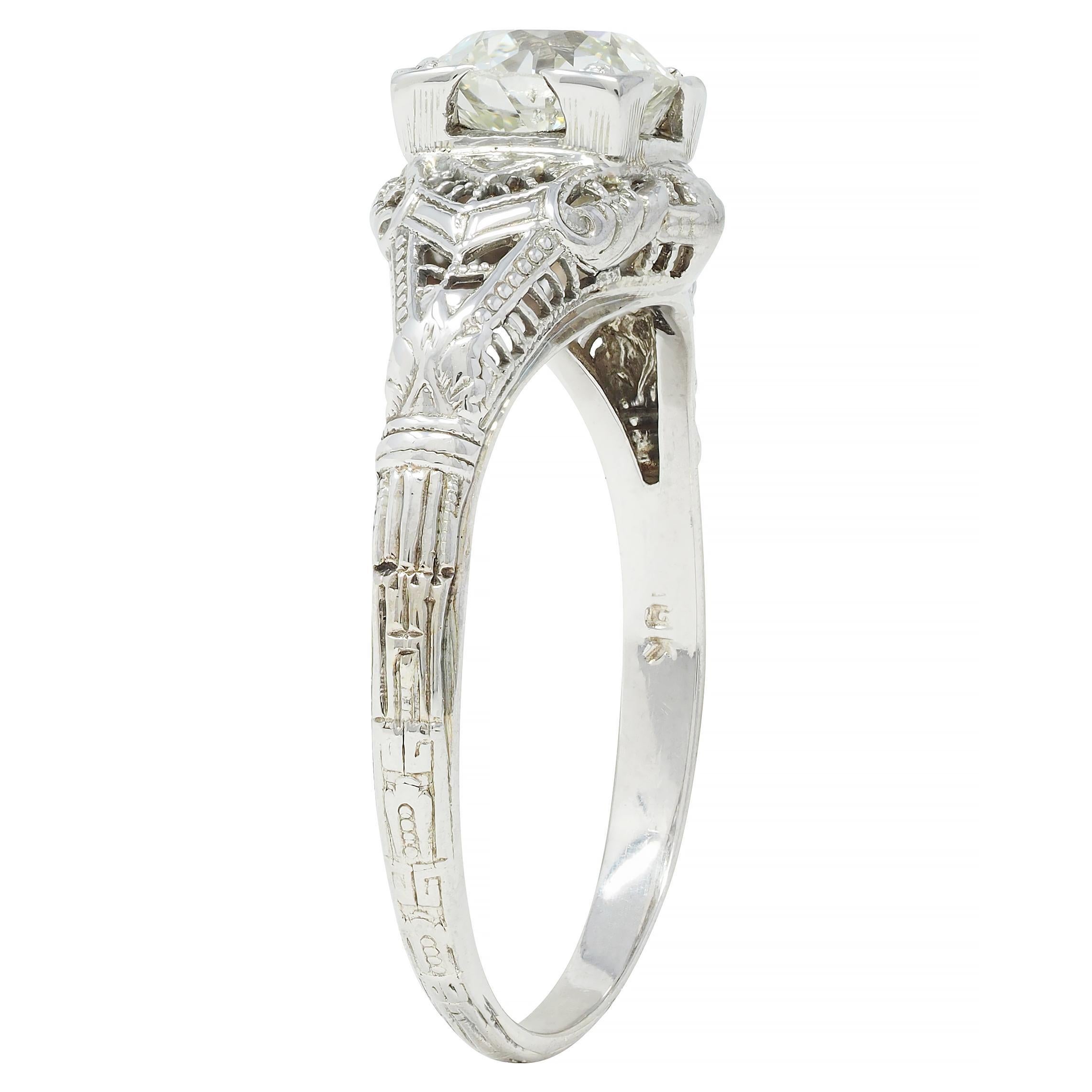 Art Deco 1.01 CTW European Diamond 18 Karat White Gold Antique Engagement Ring For Sale 5