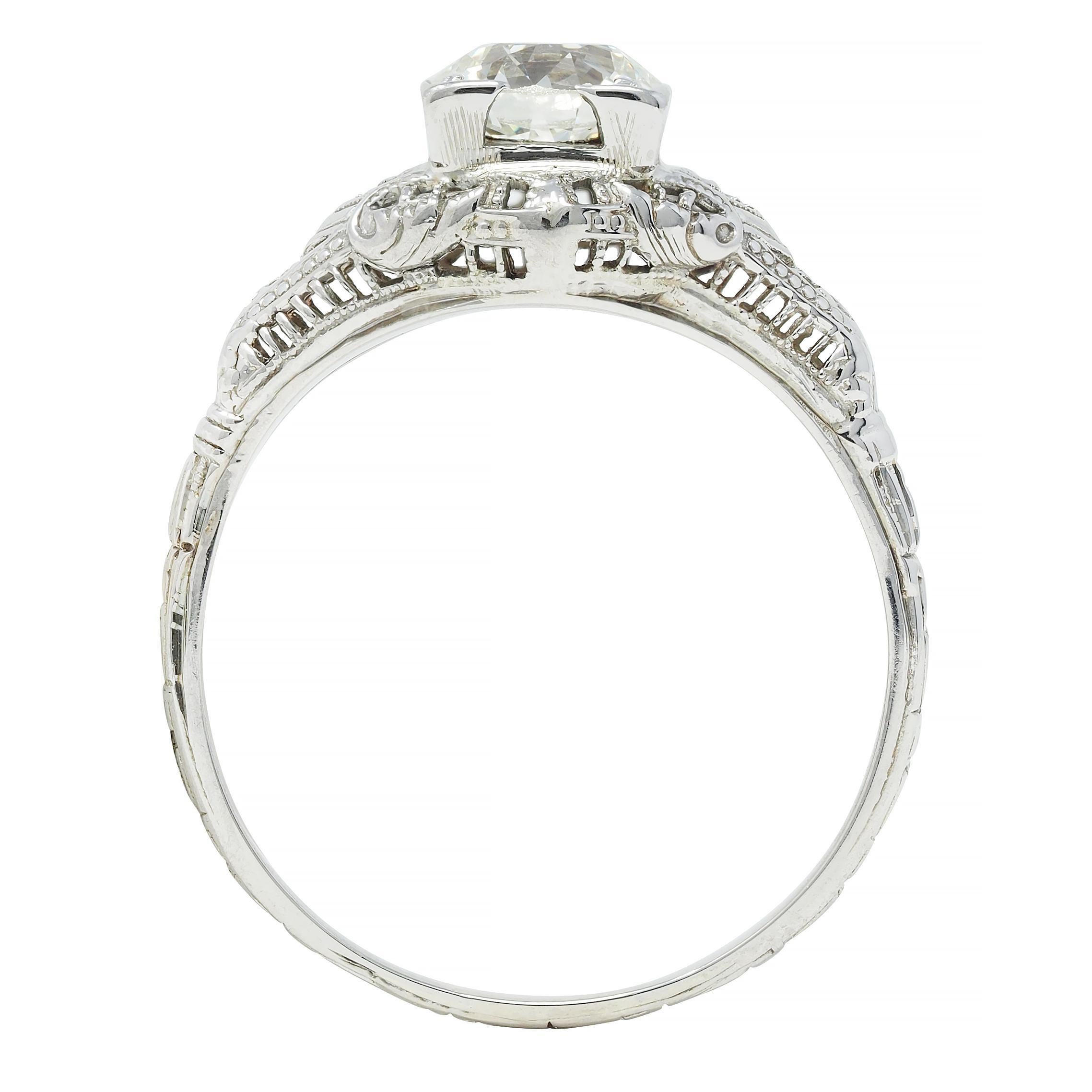 Art Deco 1.01 CTW European Diamond 18 Karat White Gold Antique Engagement Ring For Sale 7