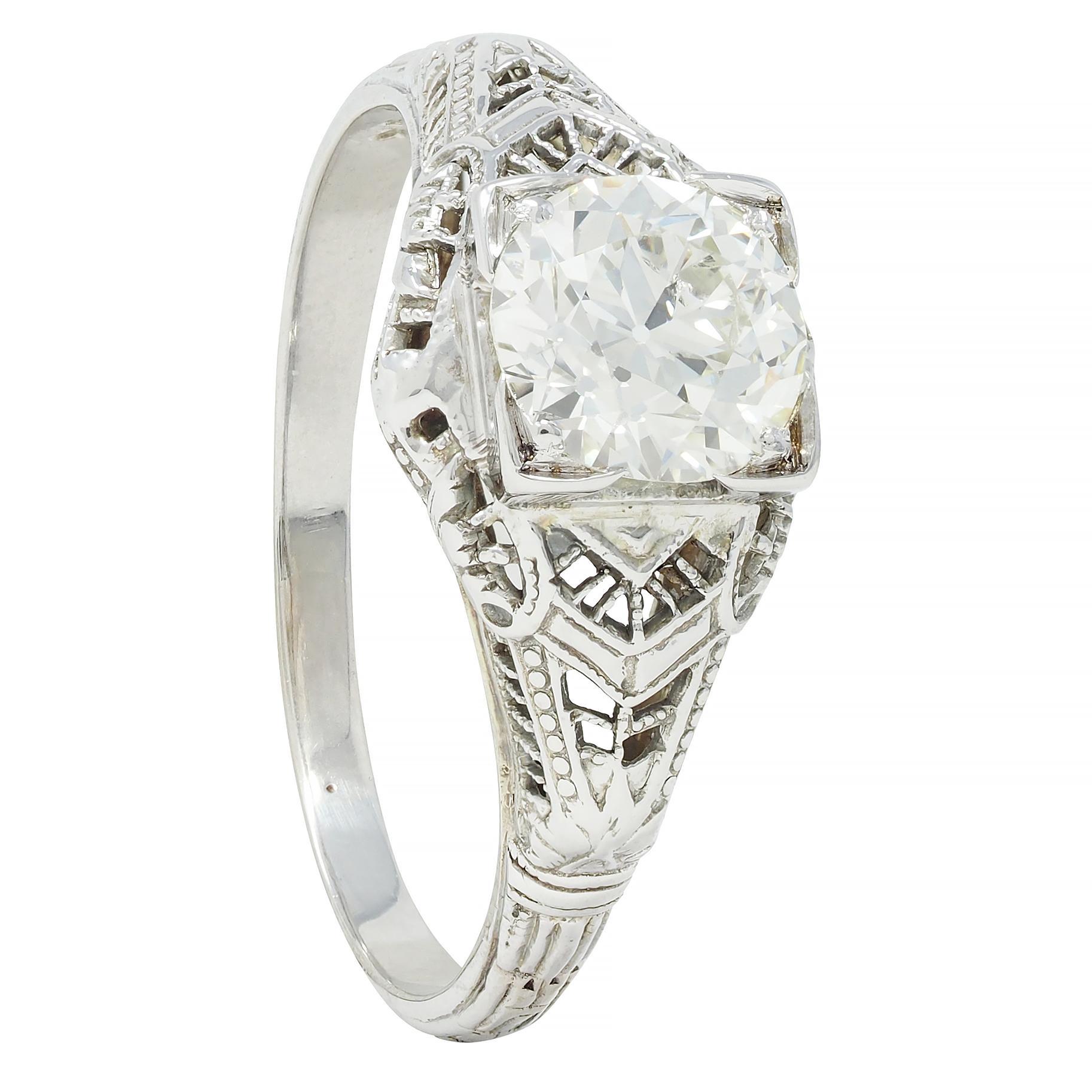 Art Deco 1.01 CTW European Diamond 18 Karat White Gold Antique Engagement Ring For Sale 8