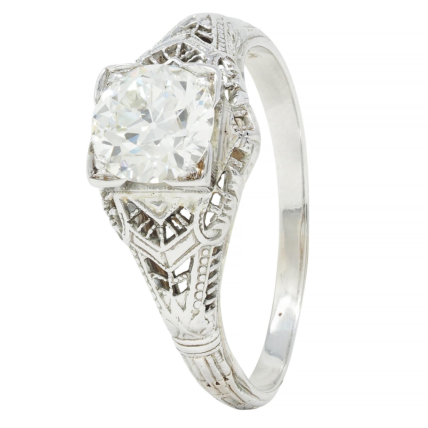 Old European Cut Art Deco 1.01 CTW European Diamond 18 Karat White Gold Antique Engagement Ring For Sale