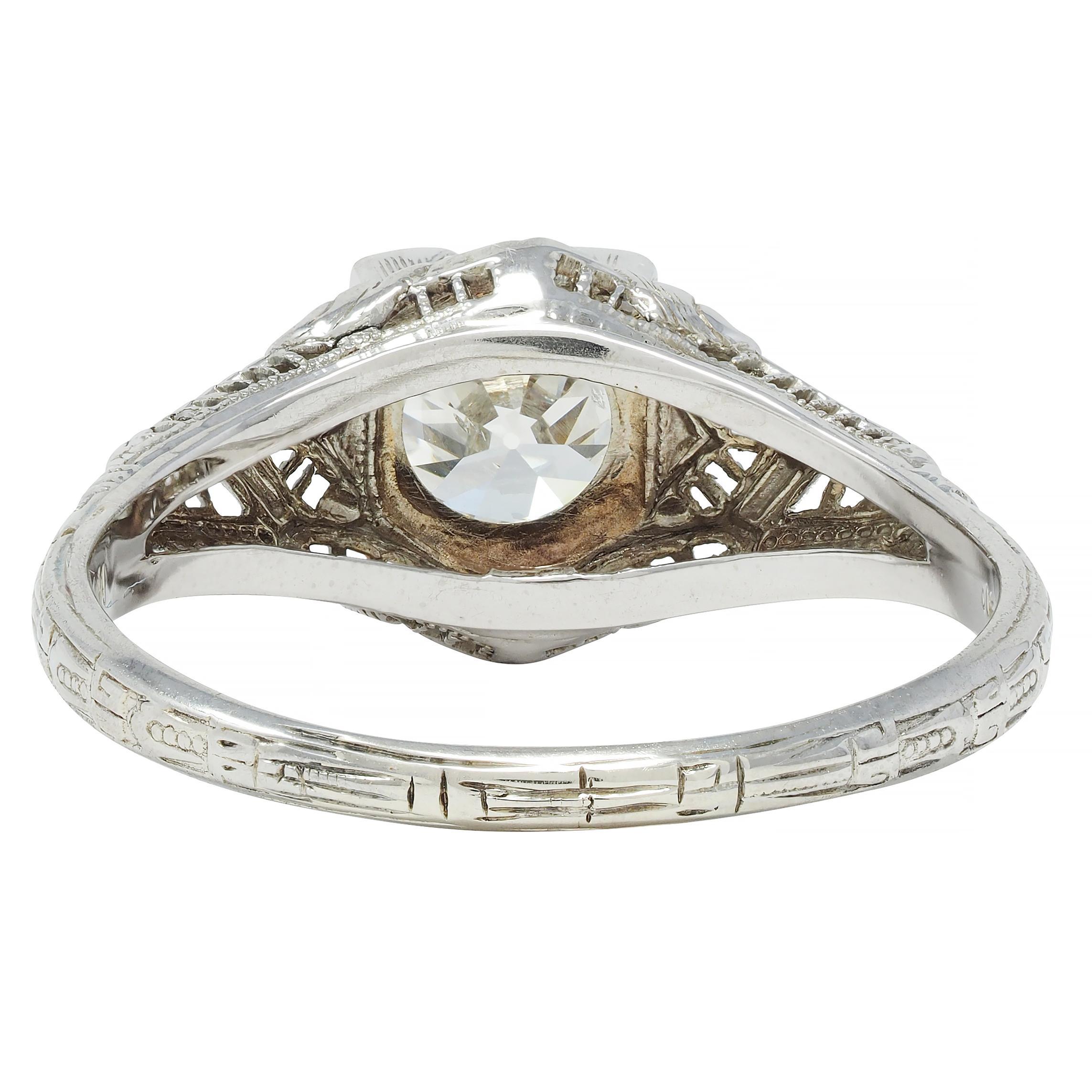 Art Deco 1.01 CTW European Diamond 18 Karat White Gold Antique Engagement Ring In Excellent Condition For Sale In Philadelphia, PA