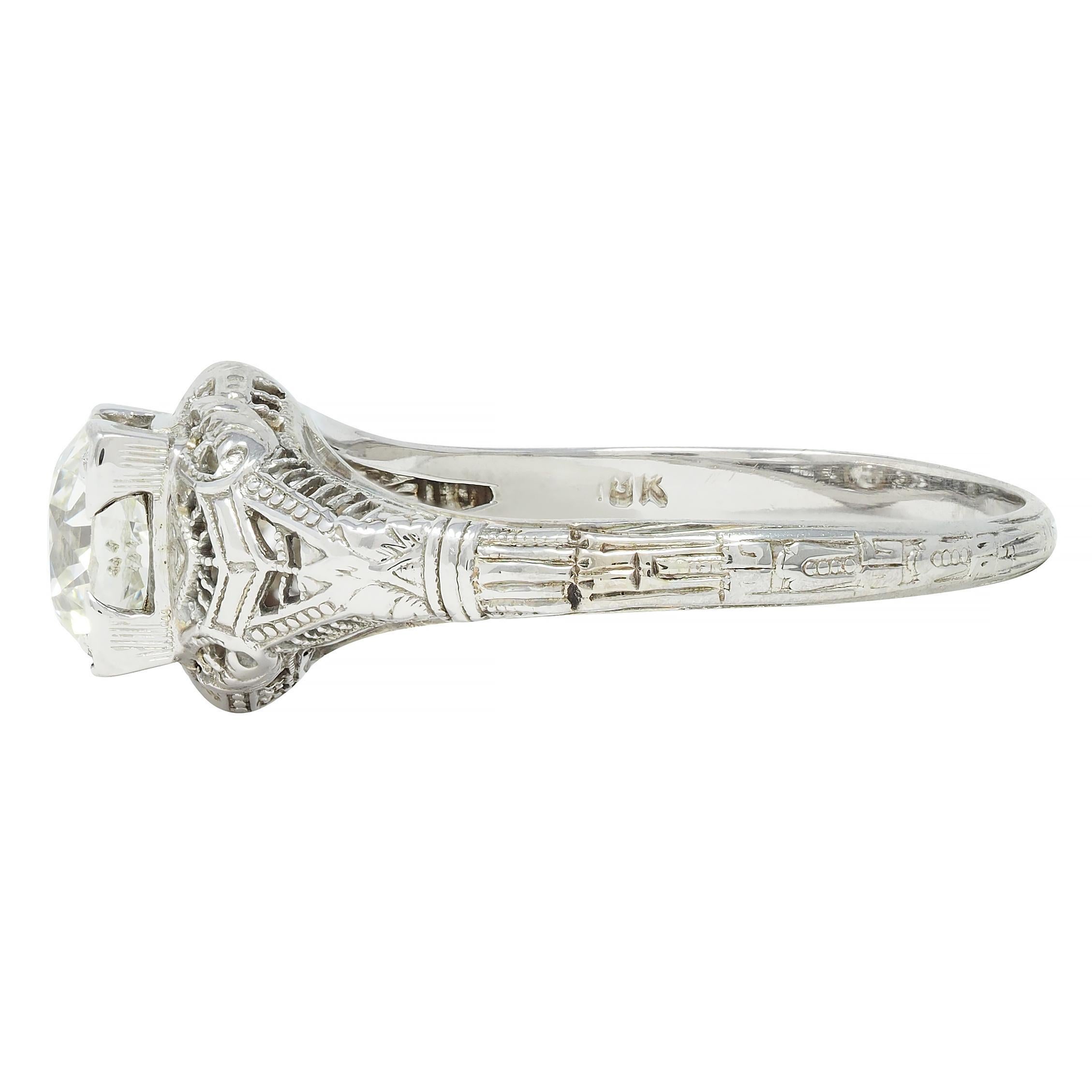 Women's or Men's Art Deco 1.01 CTW European Diamond 18 Karat White Gold Antique Engagement Ring For Sale