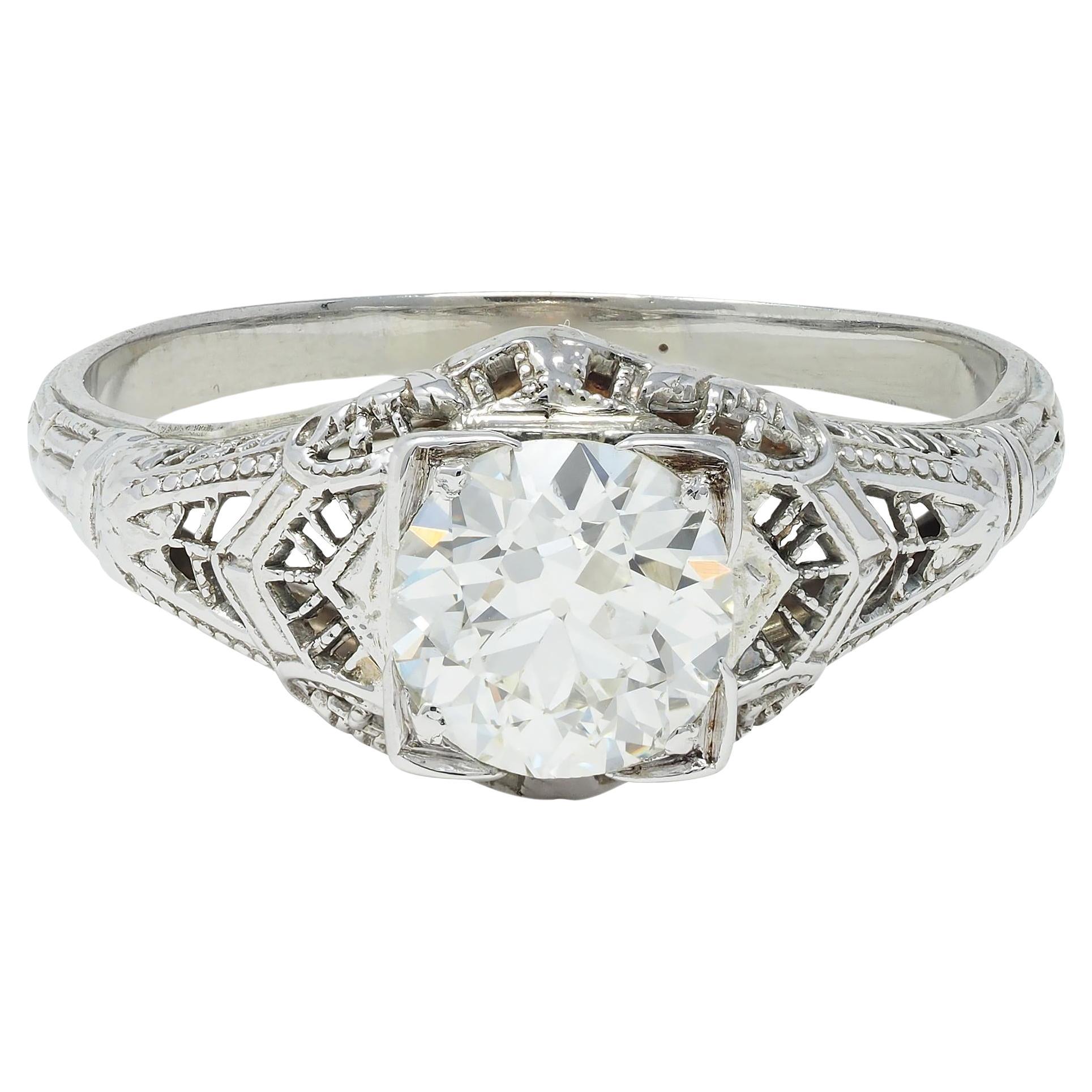 Antiker Art Deco 1,01 Karat europäischer Diamant 18 Karat Weißgold Verlobungsring im Angebot