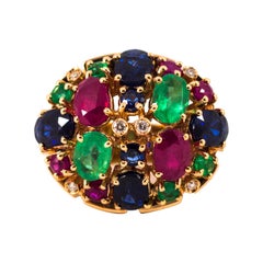 Art Deco Style 10.15 Carat Diamond Ruby Emerald Sapphire Yellow Gold Ring