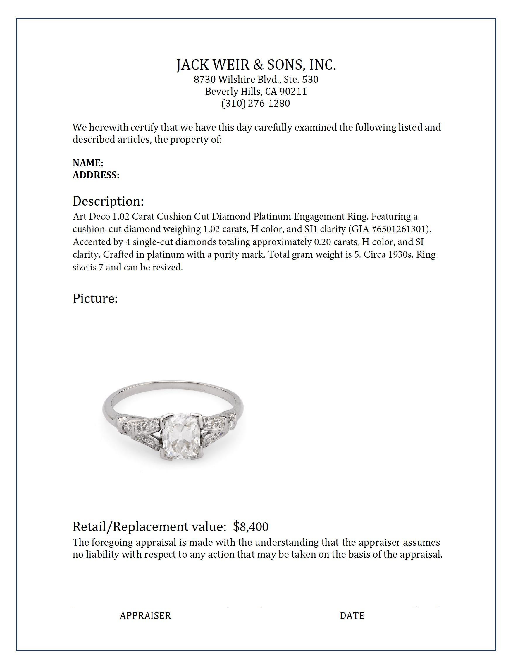 Bague de fiançailles Art déco en platine avec diamant taille coussin de 1,02 carat Unisexe en vente