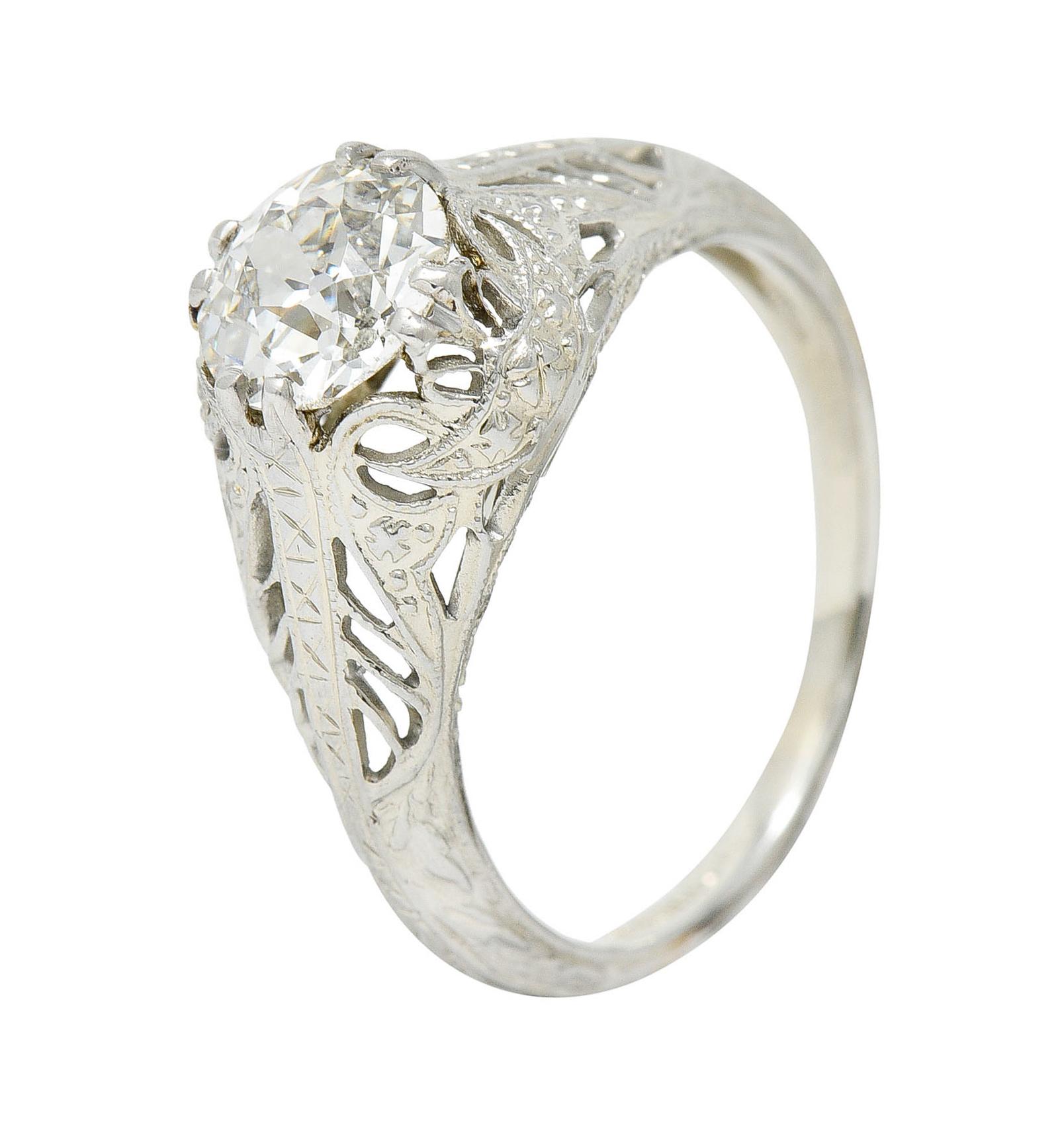 Art Deco 1.02 Carat Diamond 18 Karat White Gold Engagement Ring For Sale 5