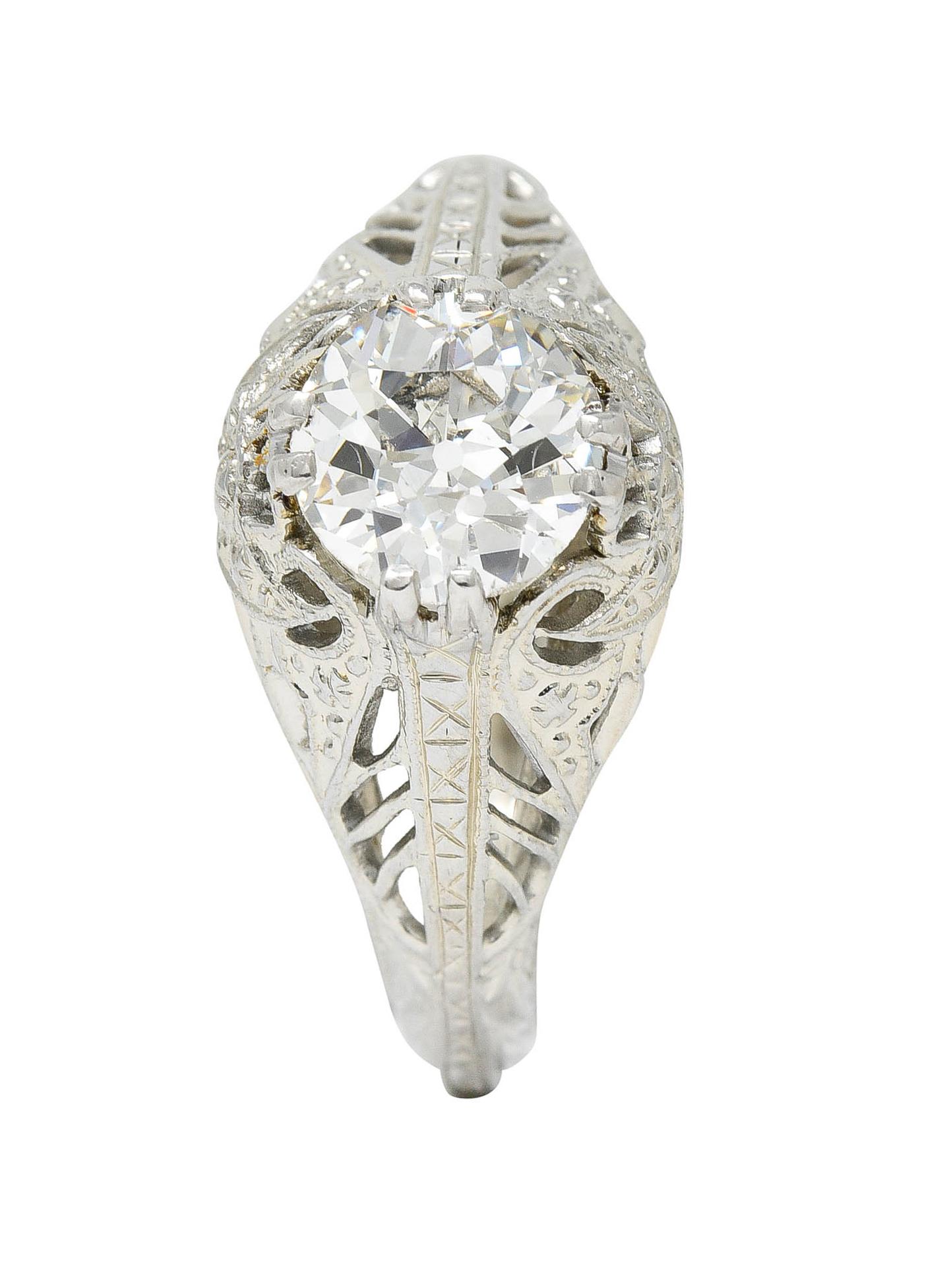 Art Deco 1.02 Carat Diamond 18 Karat White Gold Engagement Ring For Sale 6