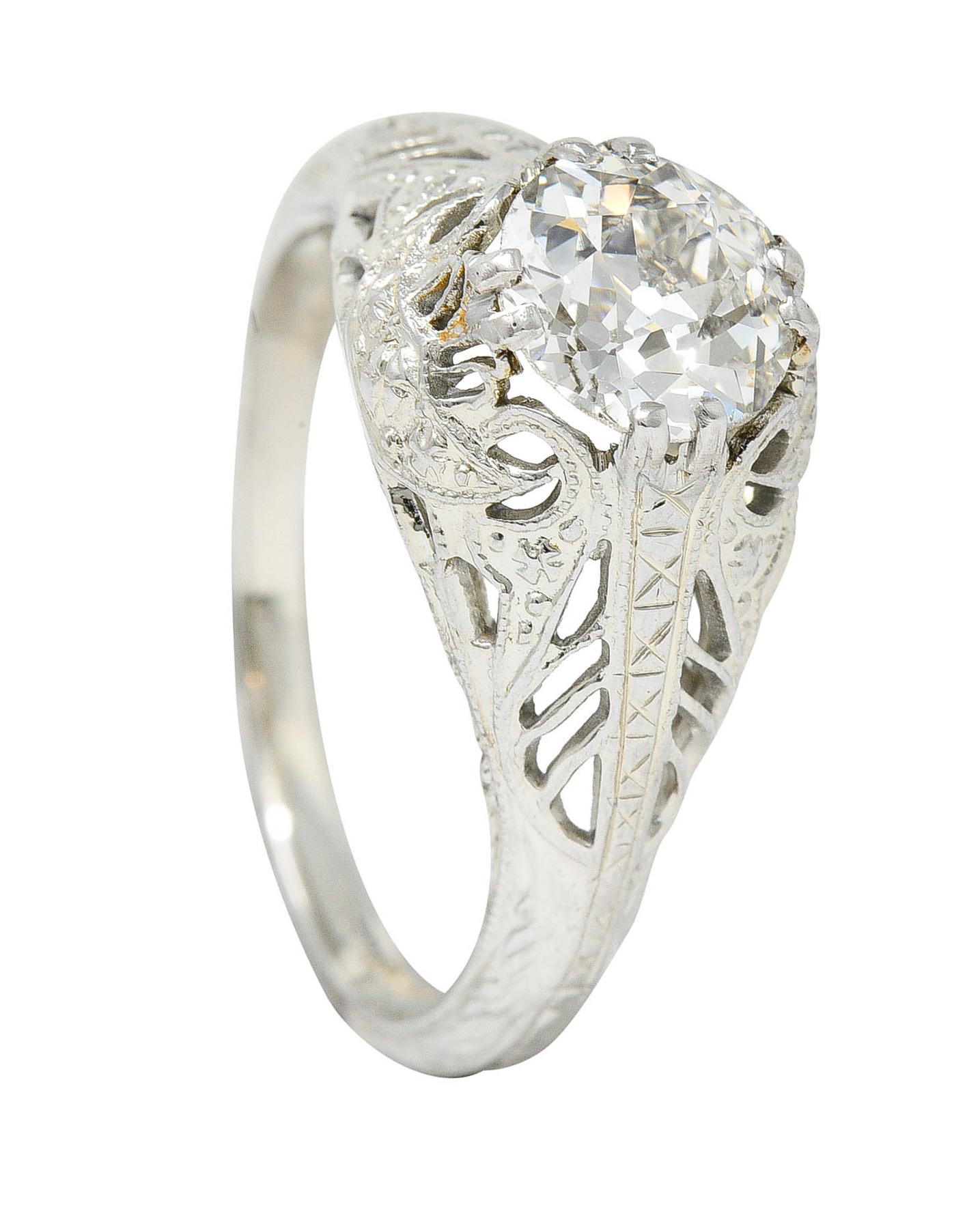Art Deco 1.02 Carat Diamond 18 Karat White Gold Engagement Ring For Sale 7