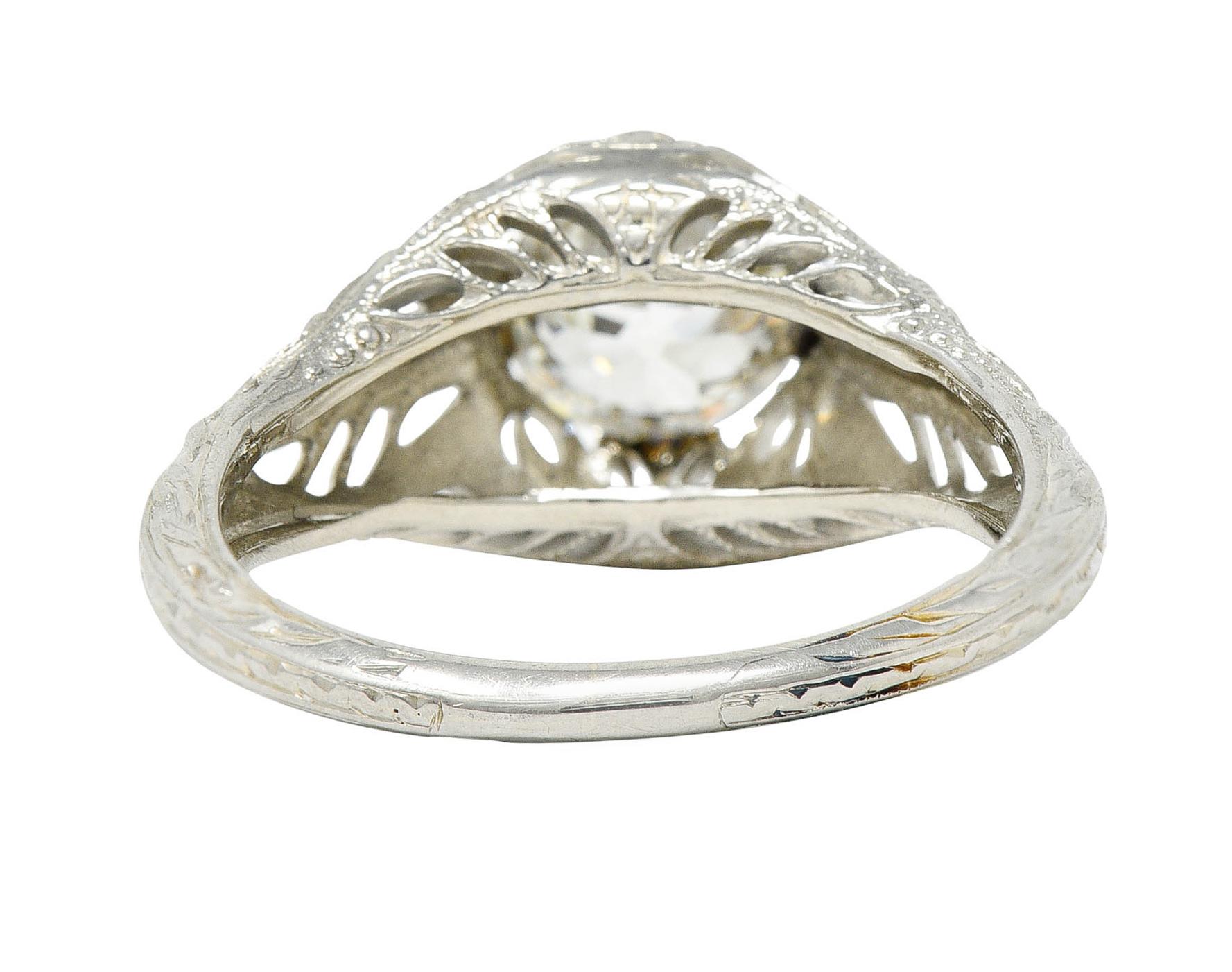 Old European Cut Art Deco 1.02 Carat Diamond 18 Karat White Gold Engagement Ring For Sale