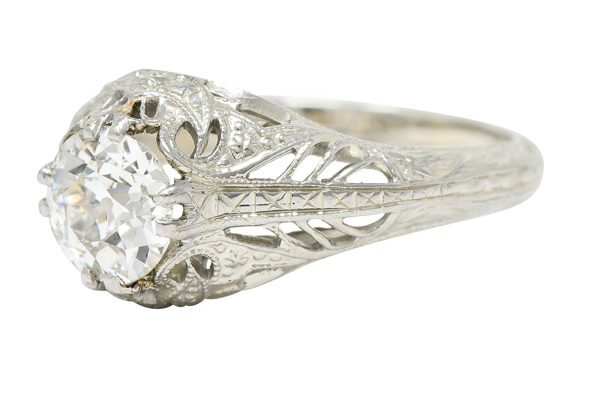 Women's or Men's Art Deco 1.02 Carat Diamond 18 Karat White Gold Engagement Ring For Sale