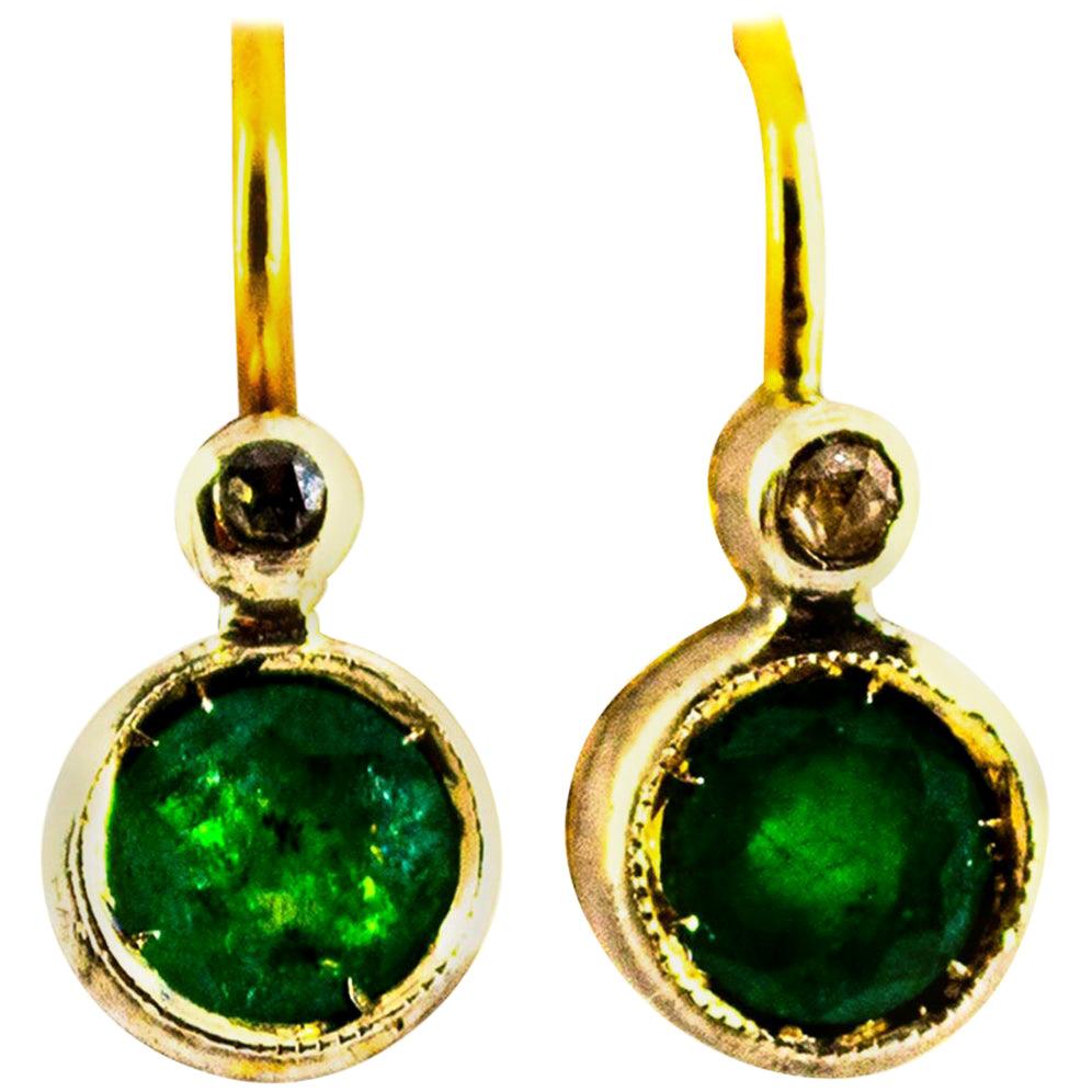 Art Deco Style 1.02 Carat Emerald White Diamond Yellow Gold Lever-Back Earrings