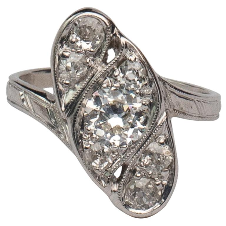 Art Deco 1.02 Carat Old European Cut 14K White Gold Diamond Bypass Shank Ring