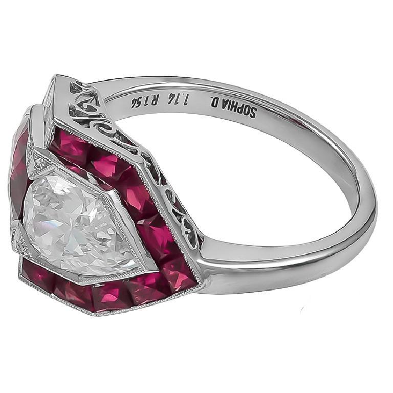 Pear Cut Sophia D, Art Deco Style 1.02 Carat Ruby and Diamond Ring For Sale