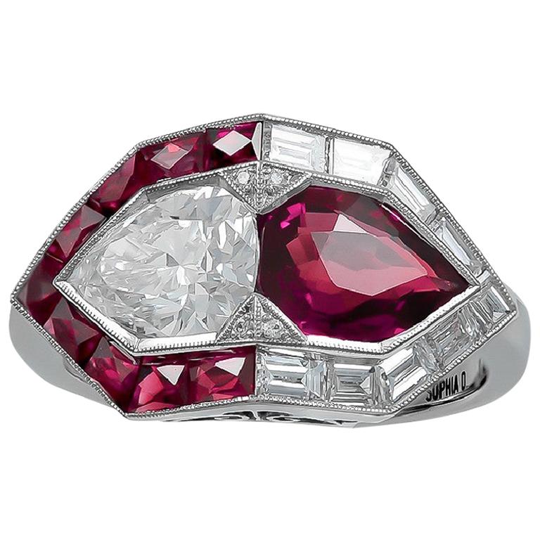 Sophia D, Art Deco Style 1.02 Carat Ruby and Diamond Ring For Sale