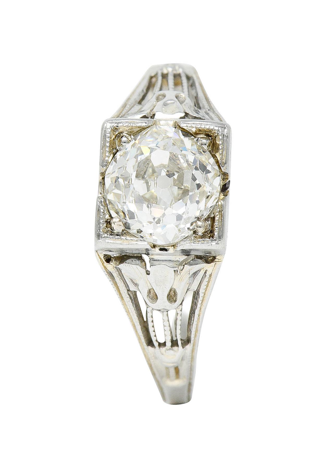 Art Deco 1.02 Carats Diamond 18 Karat White Gold Lotus Engagement Ring GIA For Sale 5