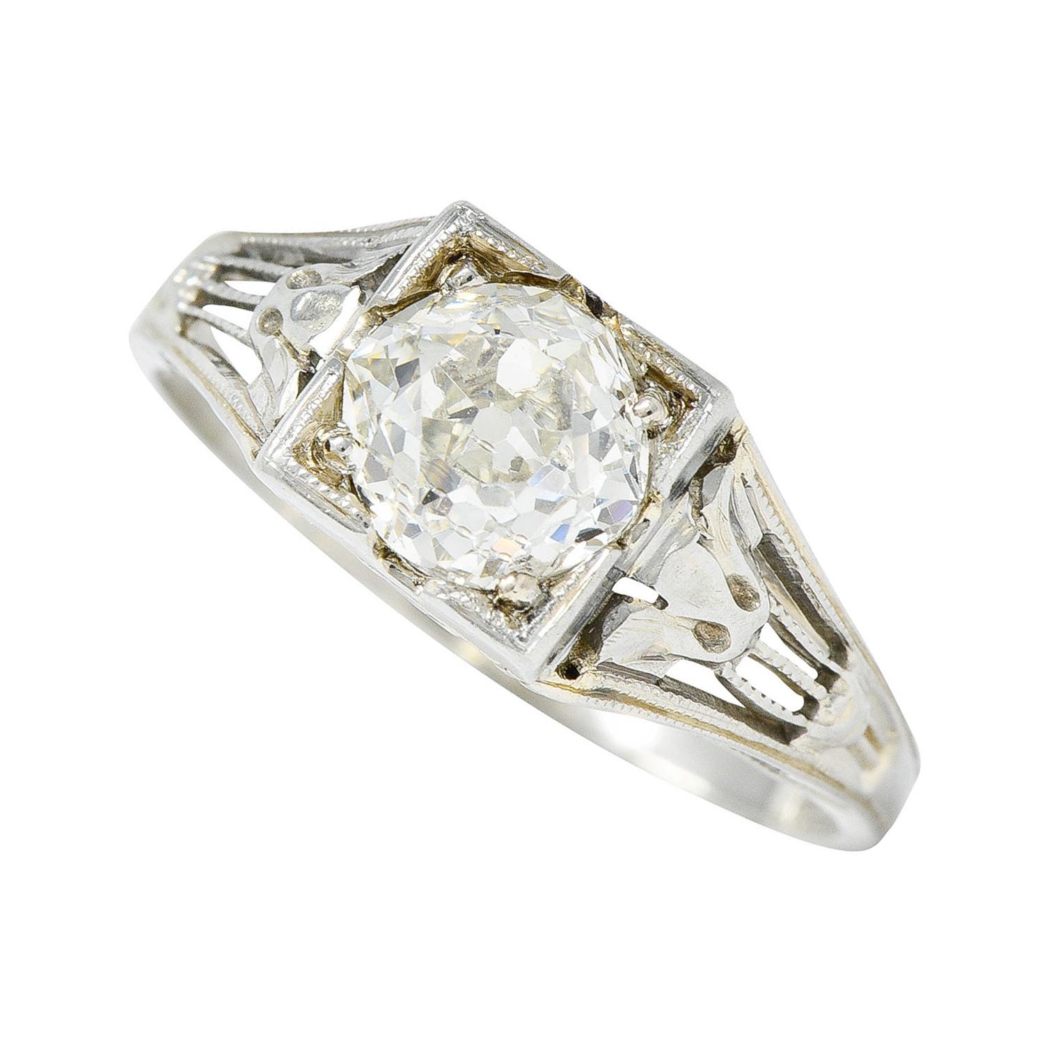 Art Deco 1.02 Carats Diamond 18 Karat White Gold Lotus Engagement Ring GIA For Sale 6