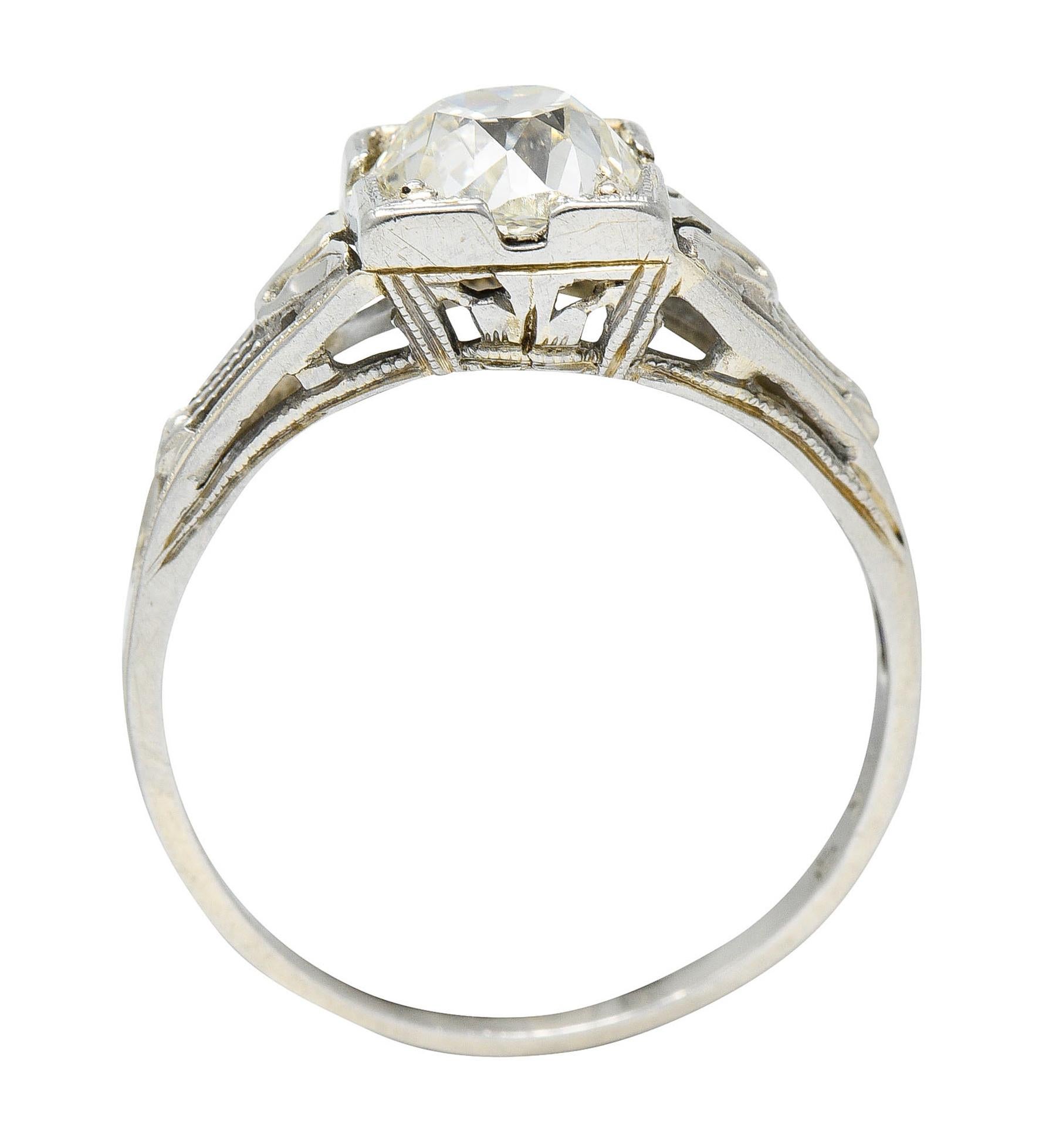 Art Deco 1.02 Carats Diamond 18 Karat White Gold Lotus Engagement Ring GIA For Sale 2