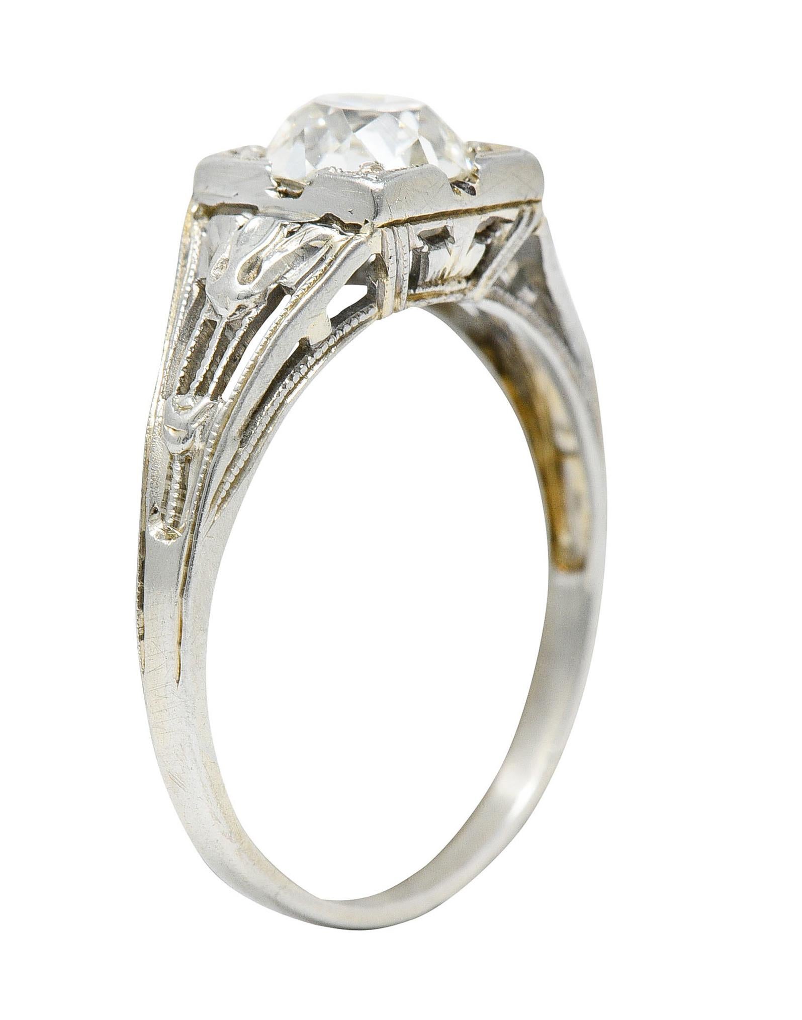 Art Deco 1.02 Carats Diamond 18 Karat White Gold Lotus Engagement Ring GIA For Sale 3