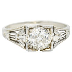 Art Deco 1.02 Carats Diamond 18 Karat White Gold Lotus Engagement Ring GIA