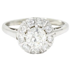 Art Deco 1.02 Carats Old European Cut Diamond Platinum Cluster Engagement Ring