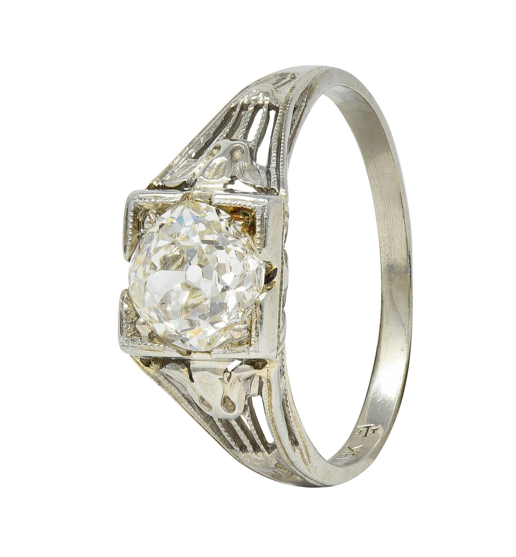 Art Deco 1.02 CTW Diamond 18 Karat White Gold Antique Lotus Engagement Ring GIA For Sale 5