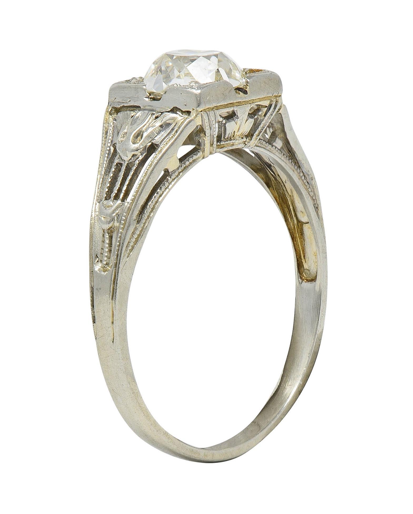 Art Deco 1.02 CTW Diamond 18 Karat White Gold Antique Lotus Engagement Ring GIA For Sale 6