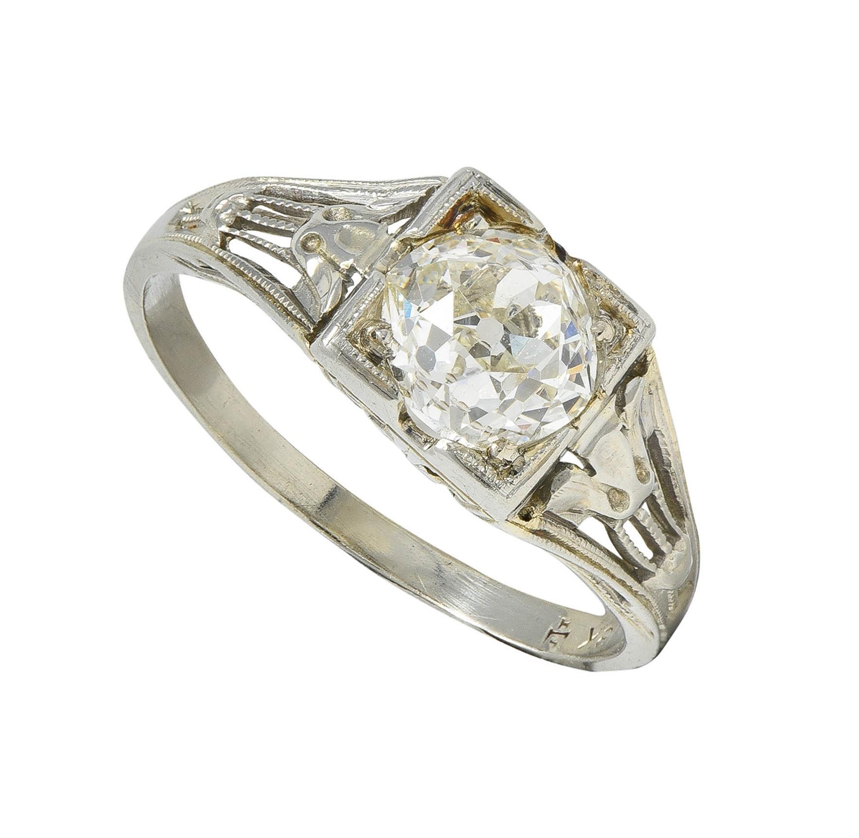 Art Deco 1.02 CTW Diamond 18 Karat White Gold Antique Lotus Engagement Ring GIA For Sale 7