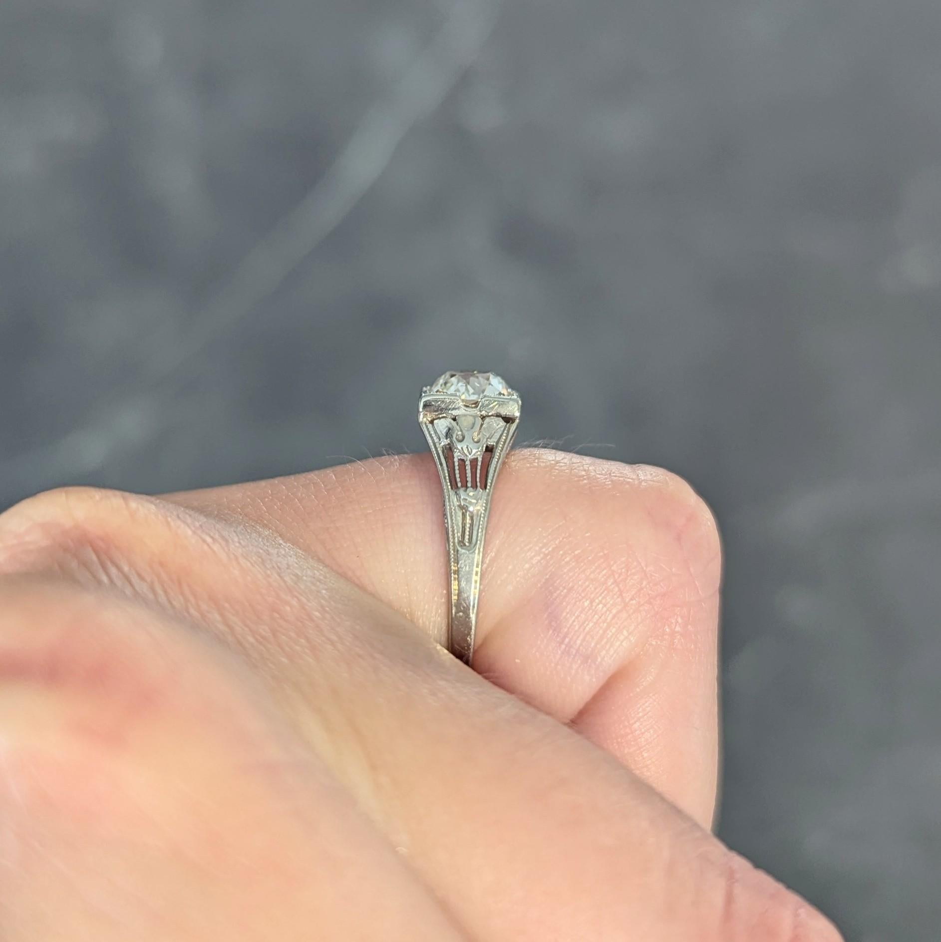 Art Deco 1.02 CTW Diamond 18 Karat White Gold Antique Lotus Engagement Ring GIA For Sale 8