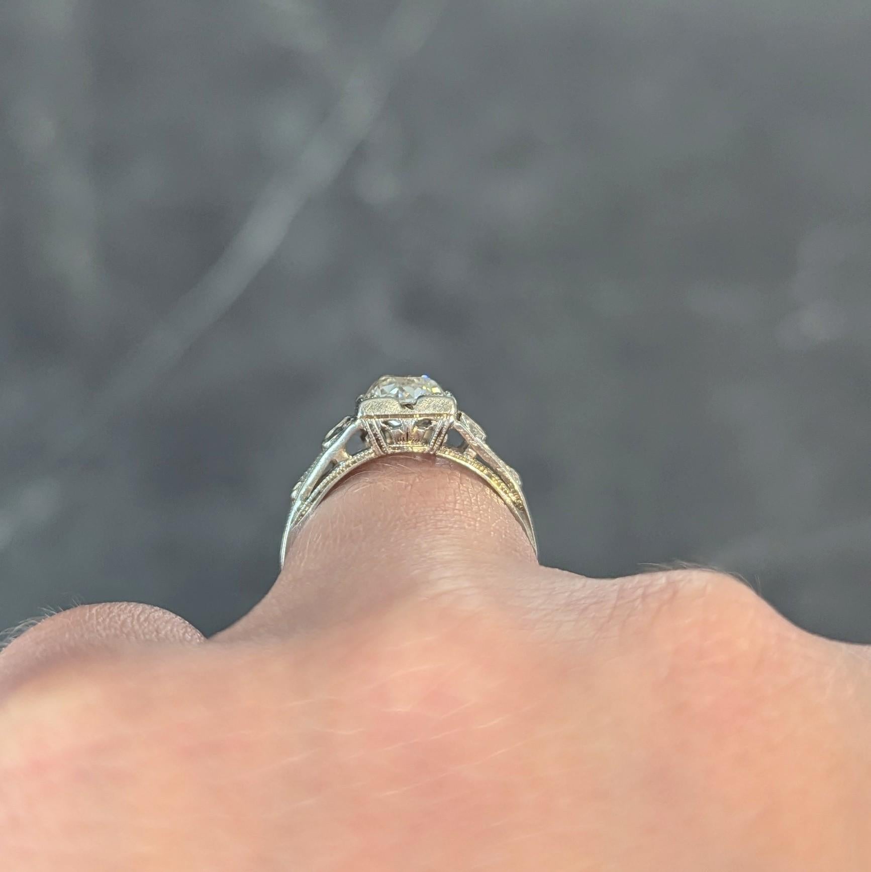 Art Deco 1.02 CTW Diamond 18 Karat White Gold Antique Lotus Engagement Ring GIA For Sale 9
