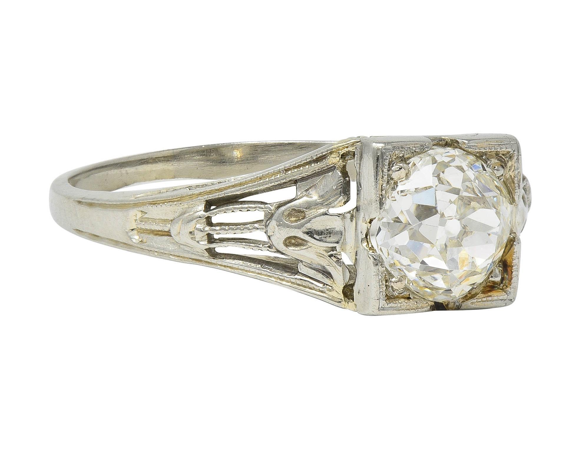 Old European Cut Art Deco 1.02 CTW Diamond 18 Karat White Gold Antique Lotus Engagement Ring GIA For Sale