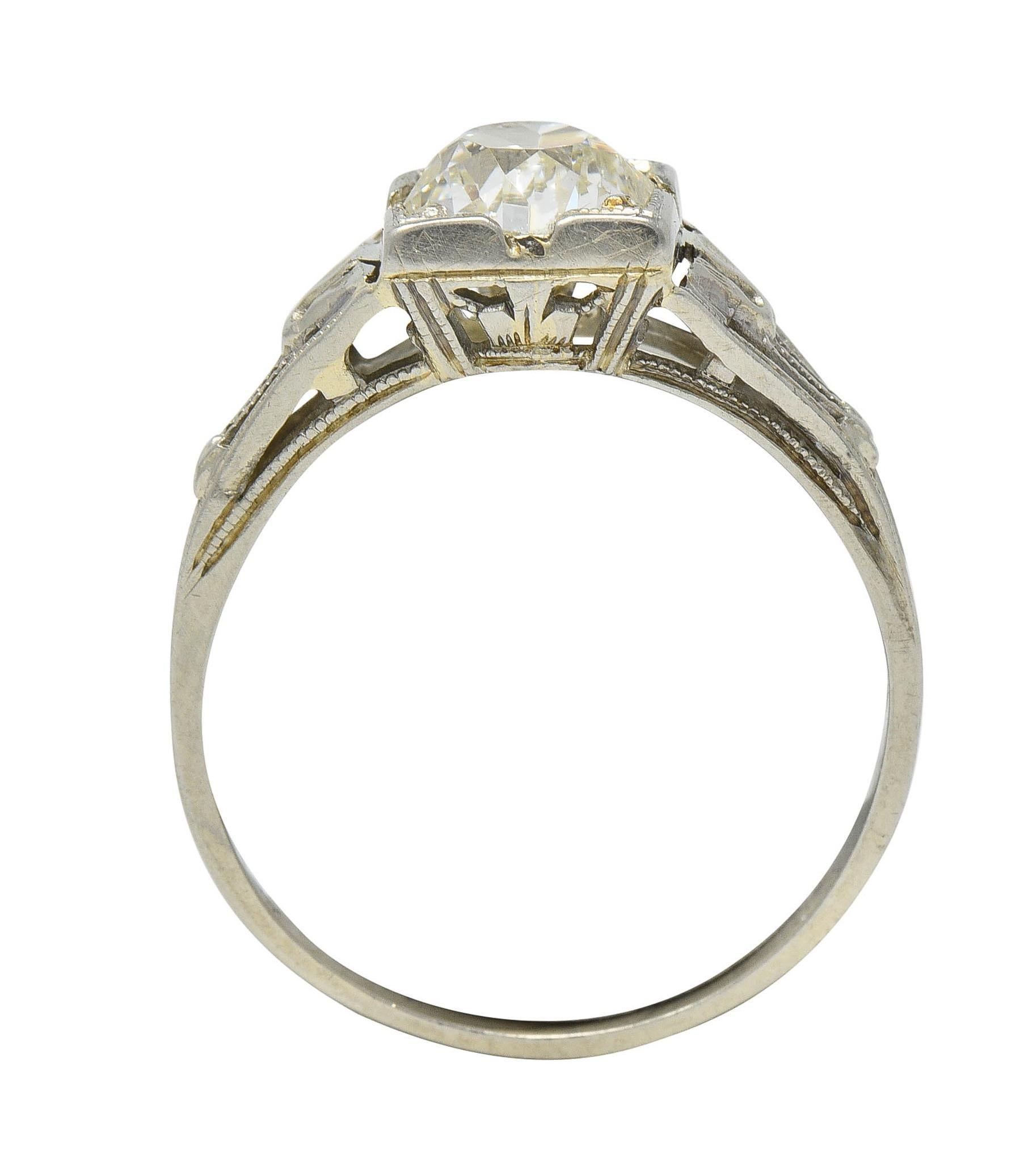 Art Deco 1.02 CTW Diamond 18 Karat White Gold Antique Lotus Engagement Ring GIA In Excellent Condition For Sale In Philadelphia, PA