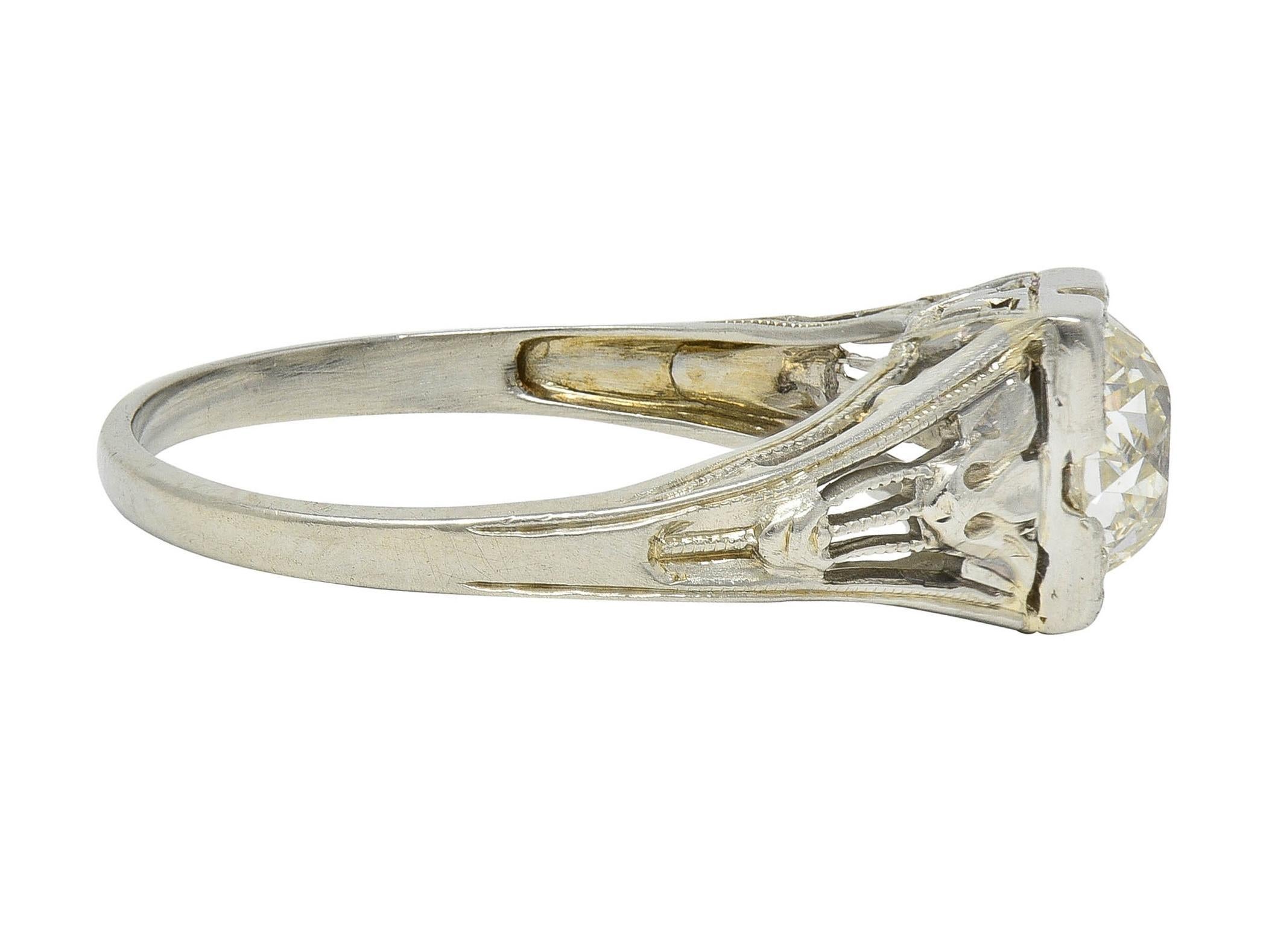 Women's or Men's Art Deco 1.02 CTW Diamond 18 Karat White Gold Antique Lotus Engagement Ring GIA For Sale