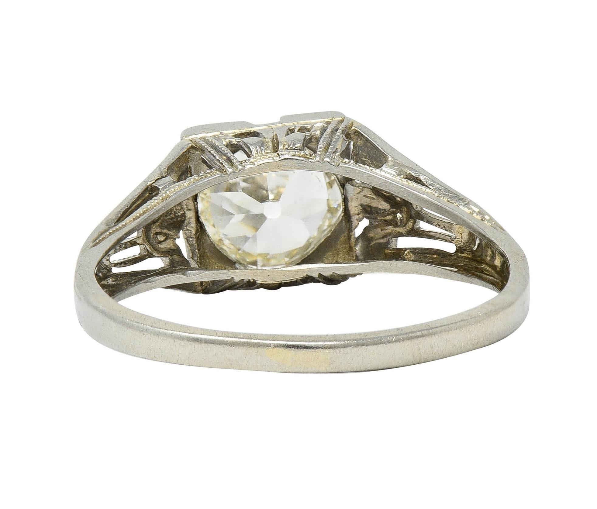 Art Deco 1.02 CTW Diamond 18 Karat White Gold Antique Lotus Engagement Ring GIA For Sale 1