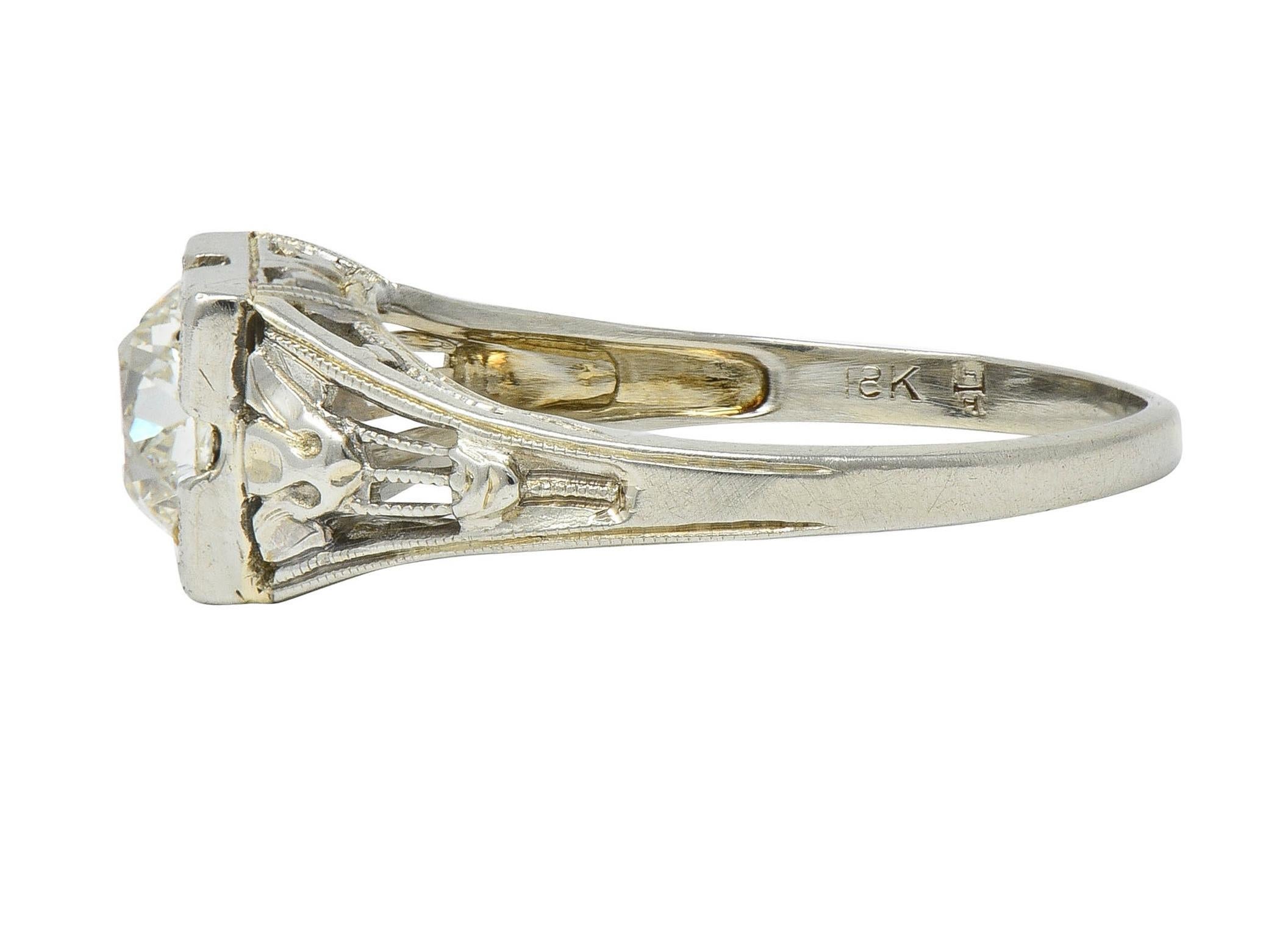 Art Deco 1.02 CTW Diamond 18 Karat White Gold Antique Lotus Engagement Ring GIA For Sale 2