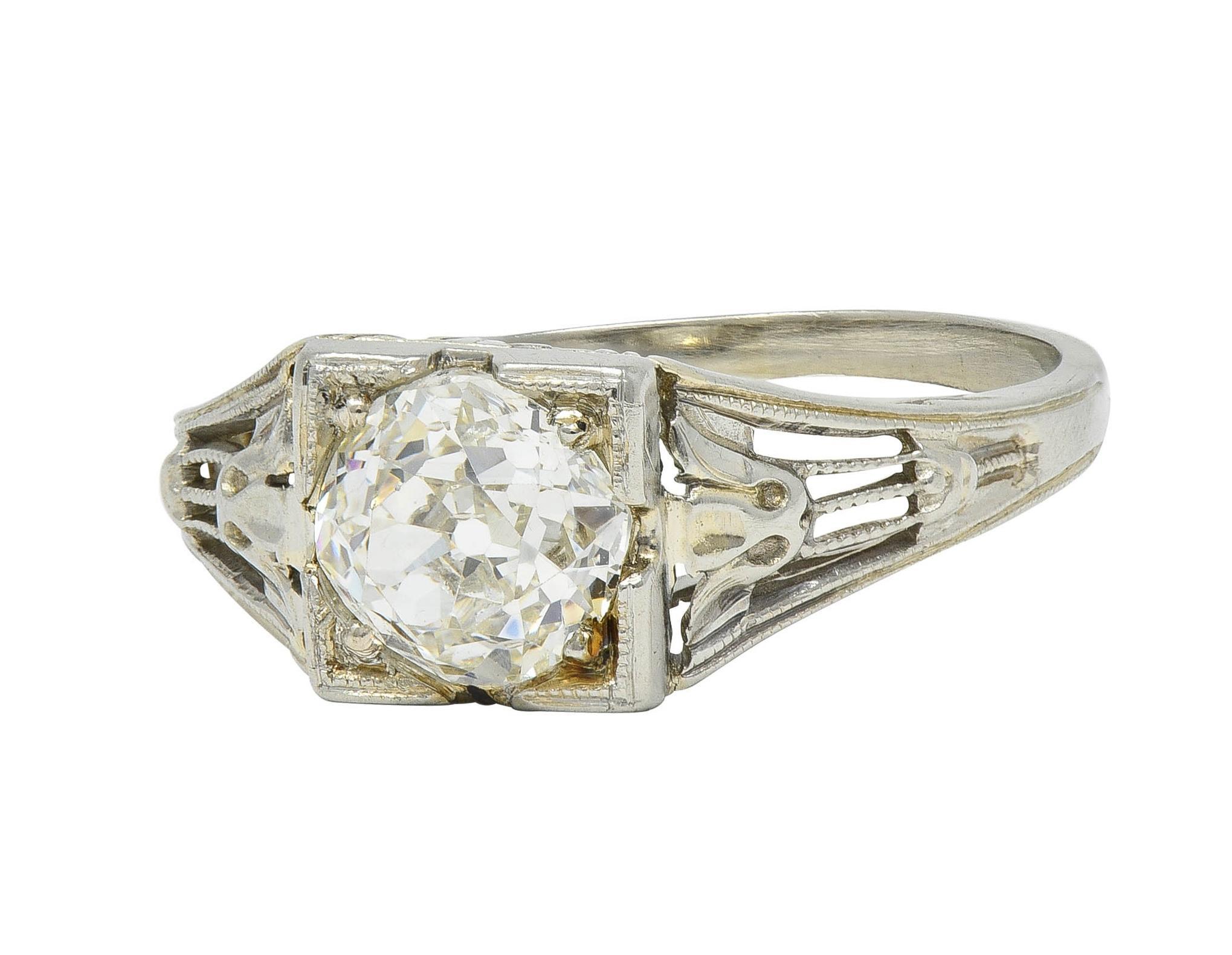 Art Deco 1.02 CTW Diamond 18 Karat White Gold Antique Lotus Engagement Ring GIA For Sale 3