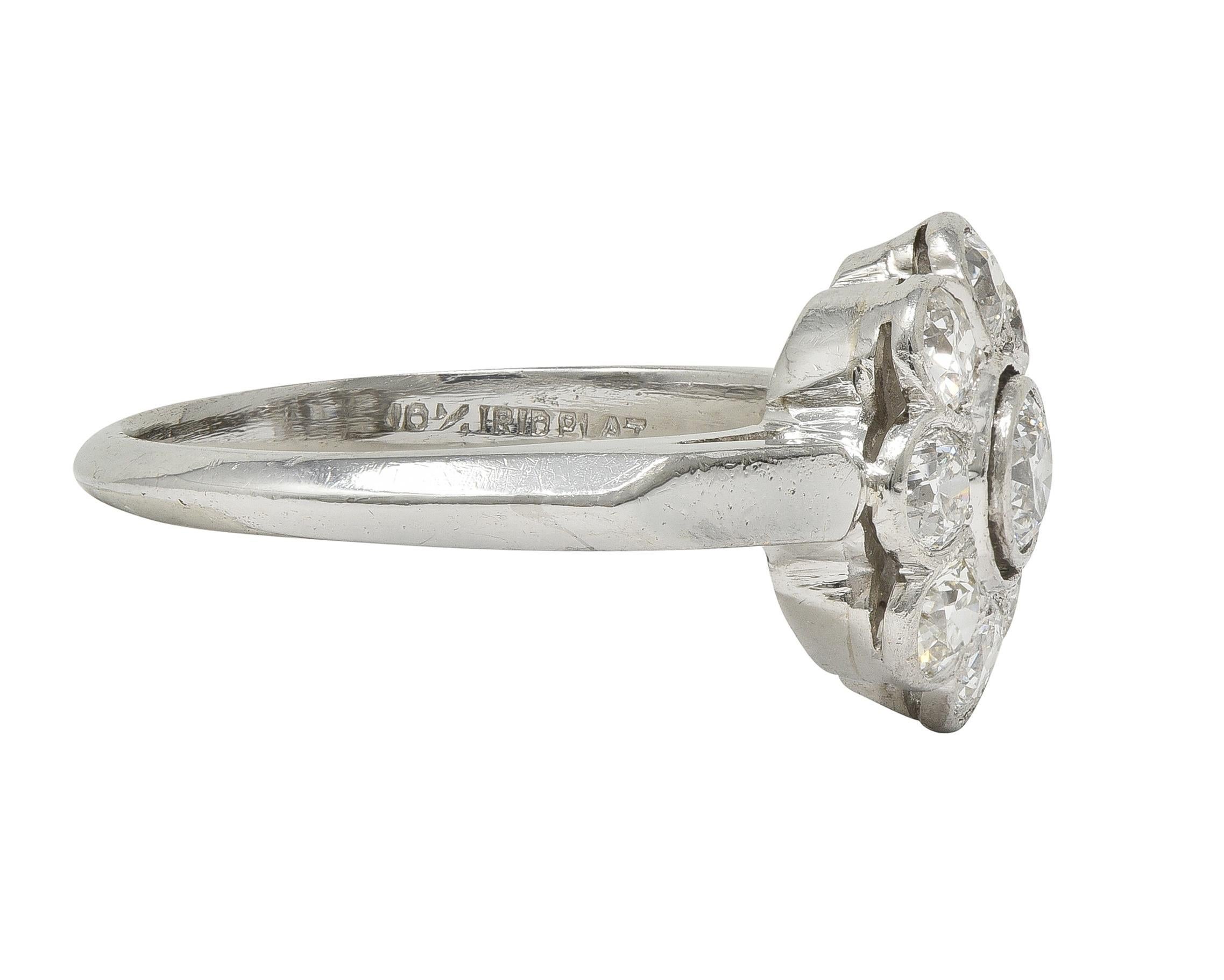 Old European Cut Art Deco 1.02 CTW Old European Diamond Platinum Vintage Cluster Engagement Ring For Sale