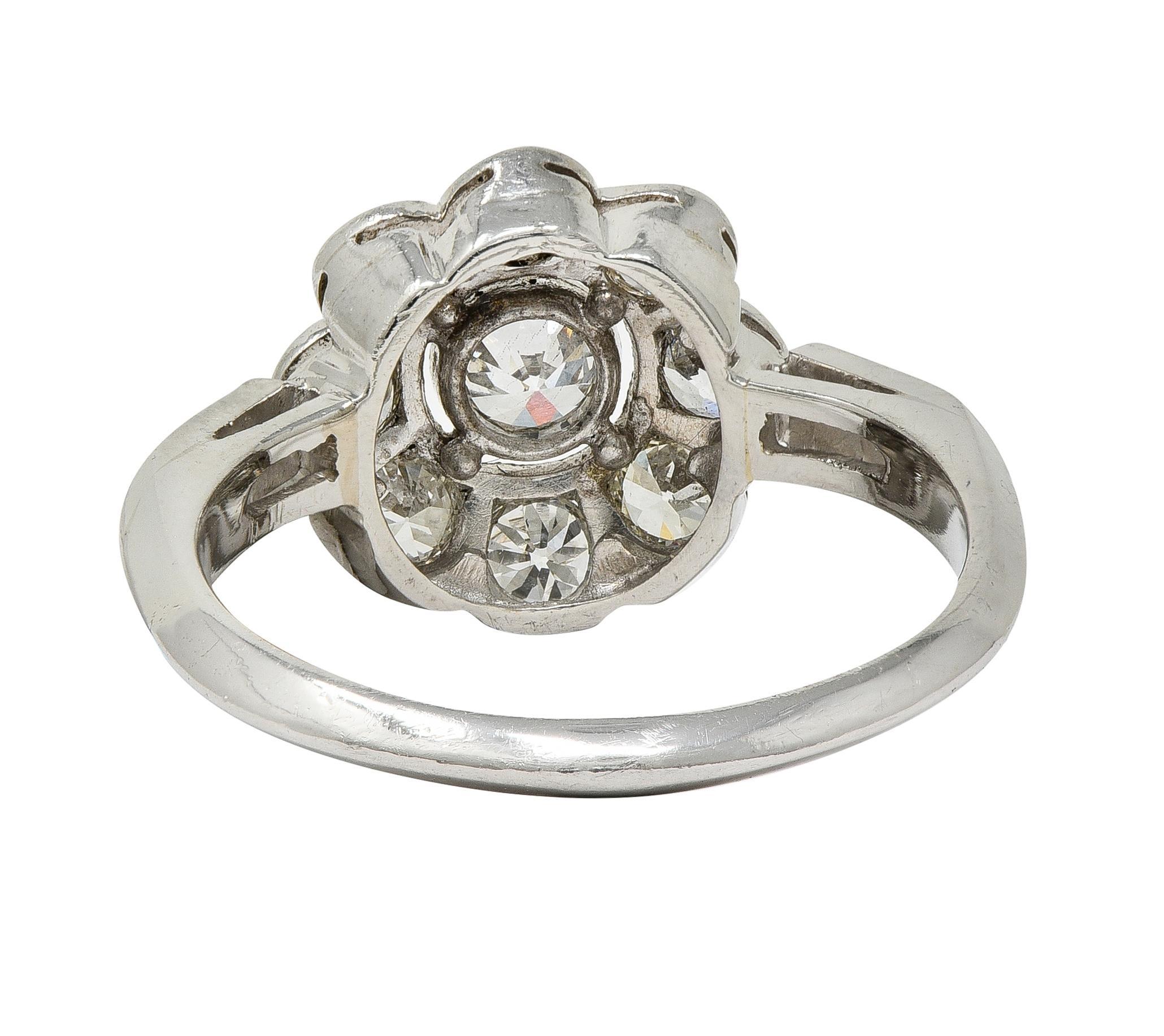 Art Deco 1.02 CTW Old European Diamond Platinum Vintage Cluster Engagement Ring In Excellent Condition For Sale In Philadelphia, PA