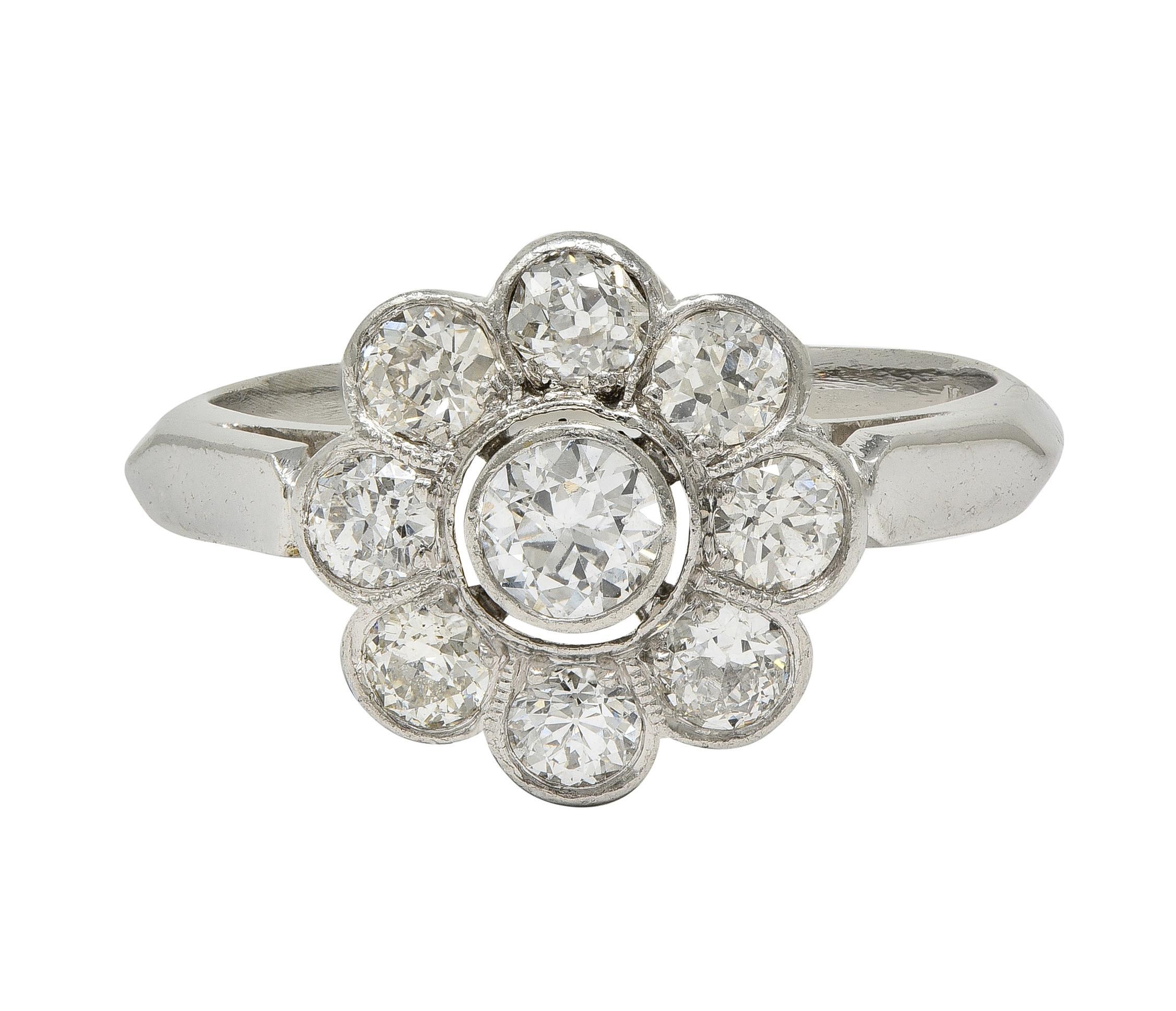 Art Deco 1.02 CTW Old European Diamond Platinum Vintage Cluster Engagement Ring For Sale