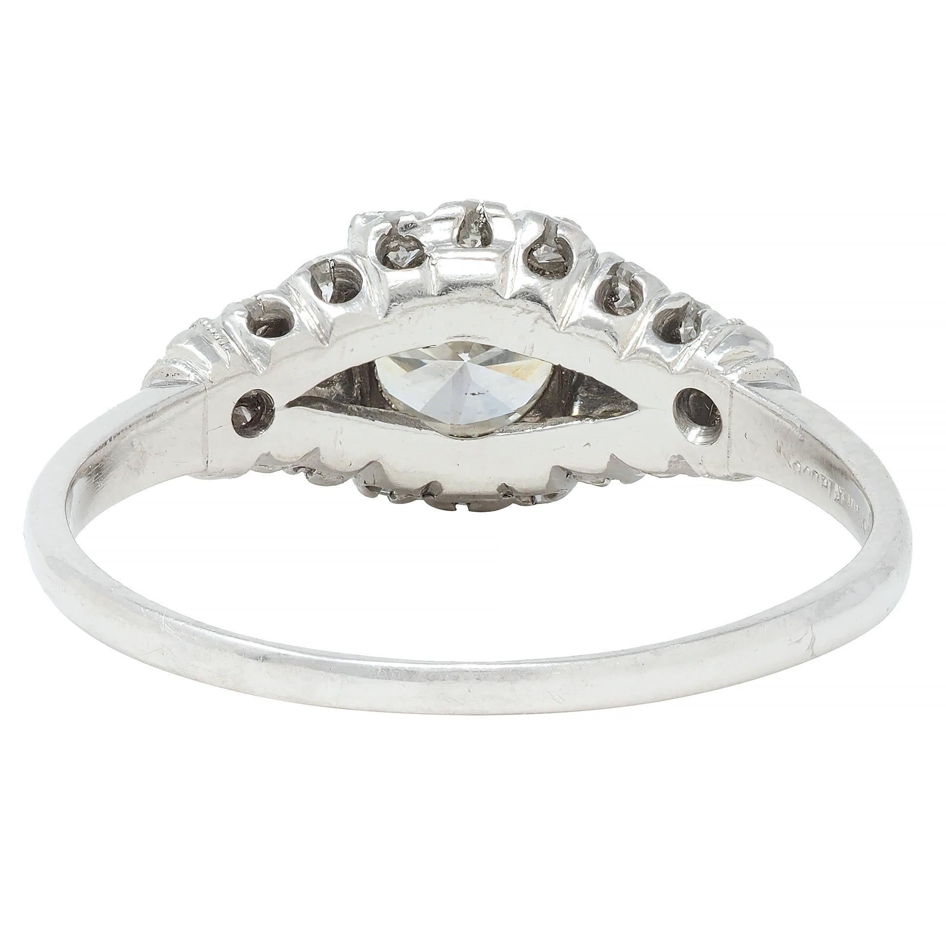 Art Deco 1.02 CTW Transitional Cut Diamond Platinum Engagement Ring In Excellent Condition In Philadelphia, PA
