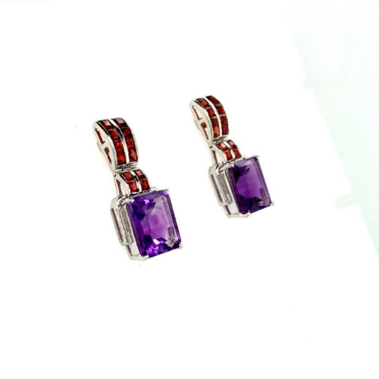 Modernist Amethyst & Garnet Drop Silver Earrings Art Deco Style Inspired Statement Jewelry For Sale