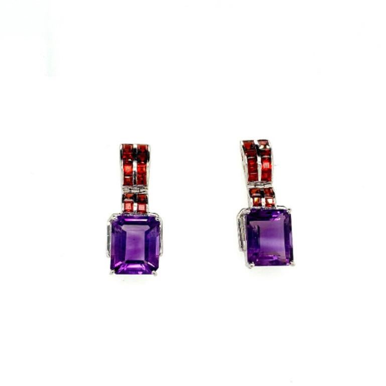 Mixed Cut Amethyst & Garnet Drop Silver Earrings Art Deco Style Inspired Statement Jewelry For Sale