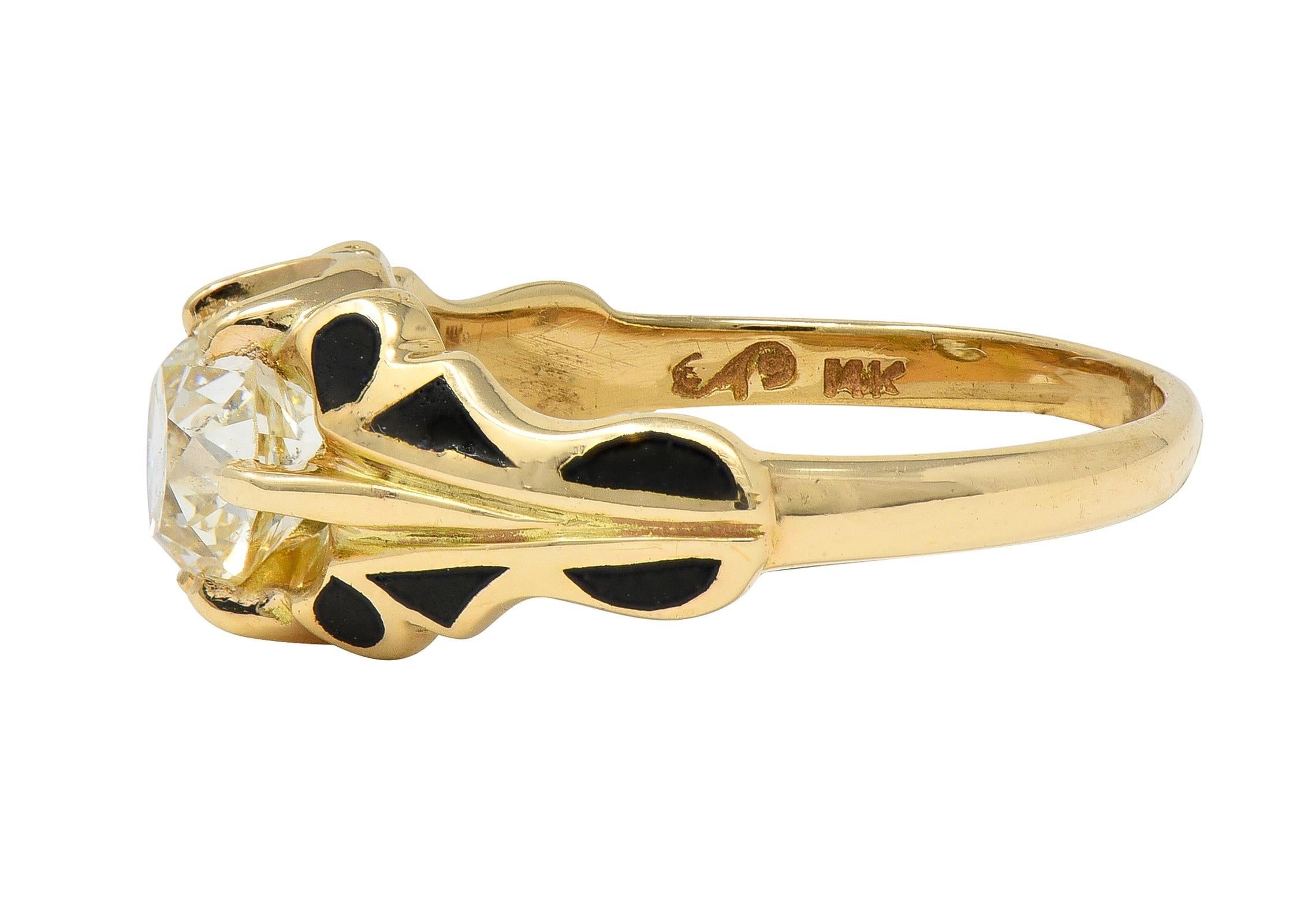 Women's or Men's Art Deco 1.03 CTW Old Mine Diamond 14K Gold Antique Belcher Engagement Ring For Sale