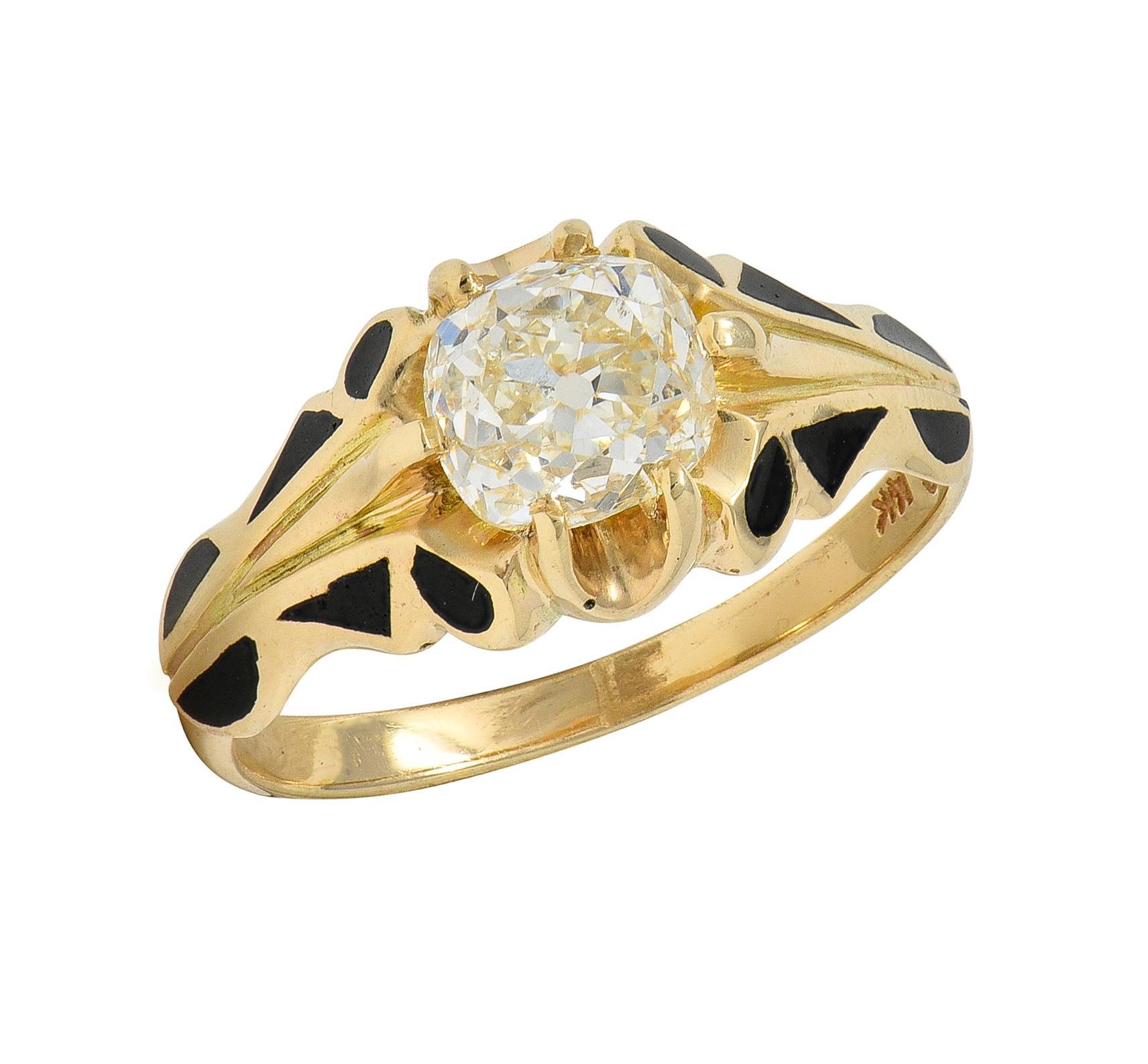 Art Deco 1.03 CTW Old Mine Diamond 14K Gold Antique Belcher Engagement Ring For Sale 3