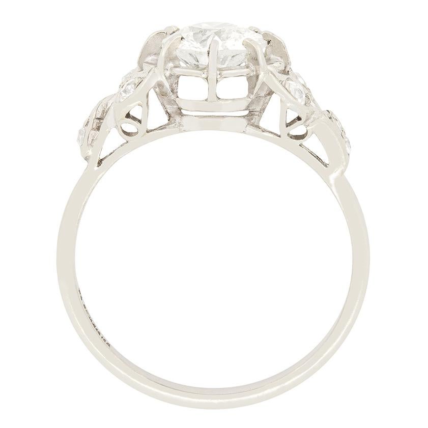 Portraying the Art Deco era is this wonderful solitaire ring set with an old cut diamond in the centre. The old cut weighs 1.03 carat and has been graded as an I in colour and SI2 in clarity. The hand made platinum ring has a soft and romantic feel