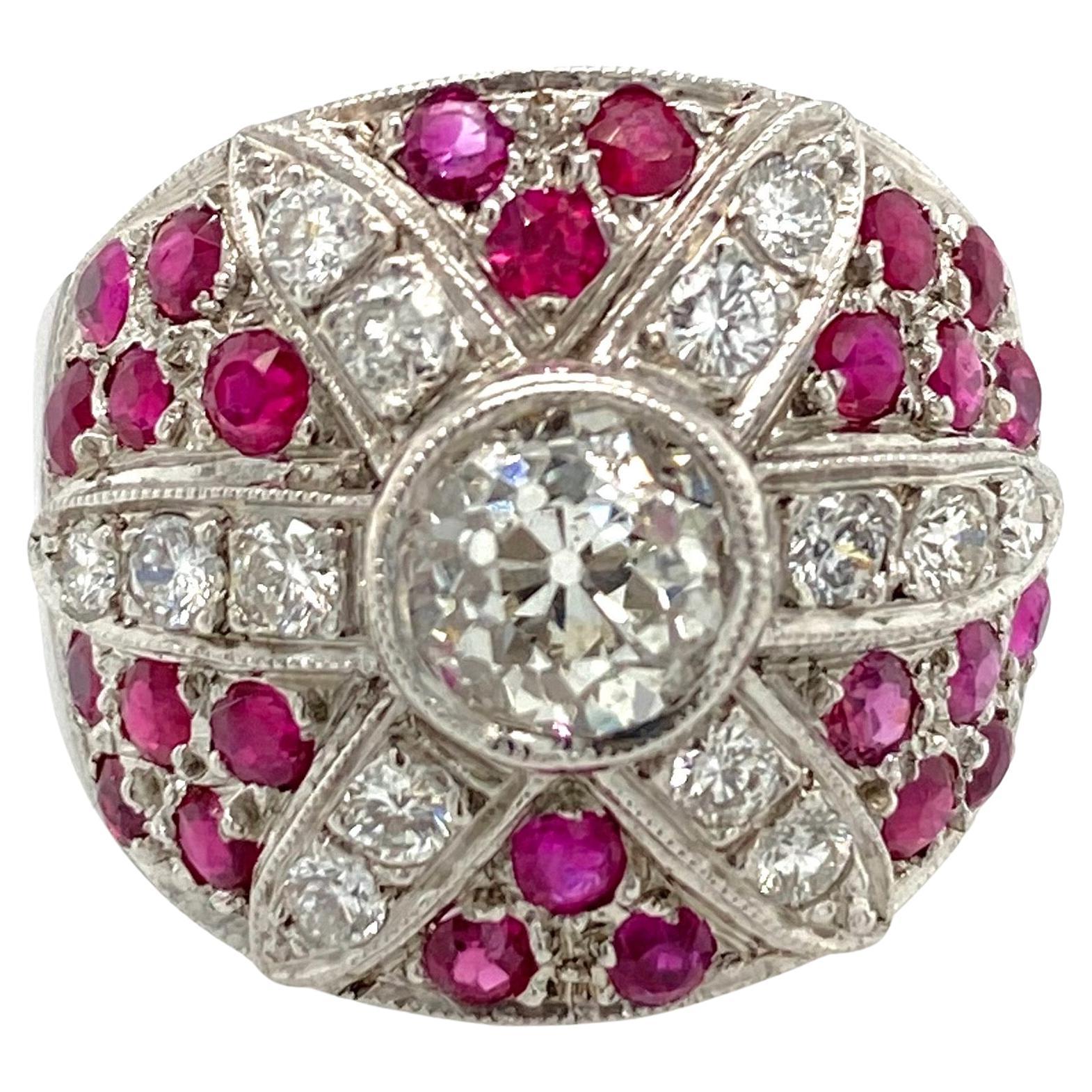 Art Deco 1.03ct Old Mine Cut & 1.15ct Ruby Platinum Ring For Sale