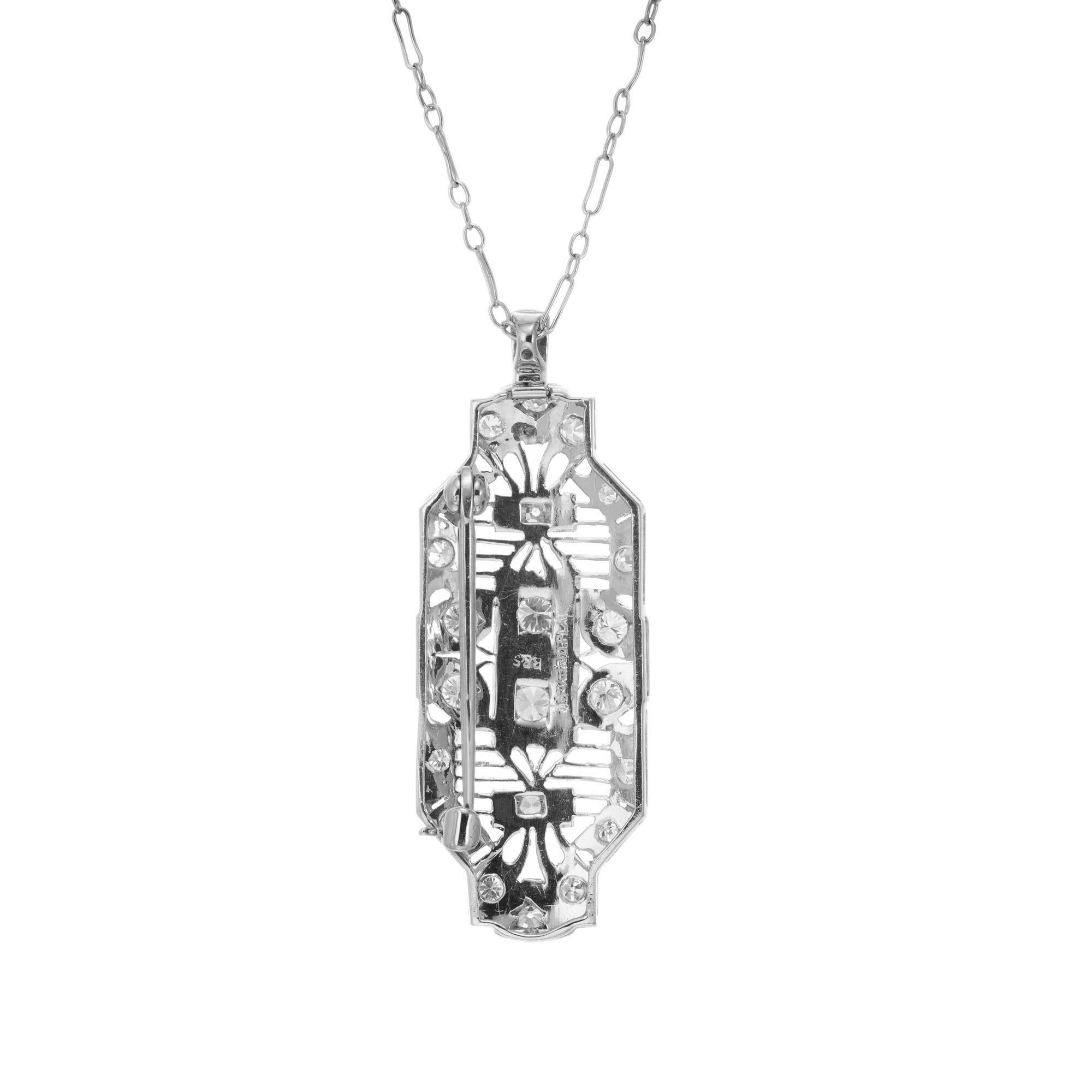 Round Cut Art Deco 1.04 Carat Diamond Platinum Brooch Pendant Necklace For Sale