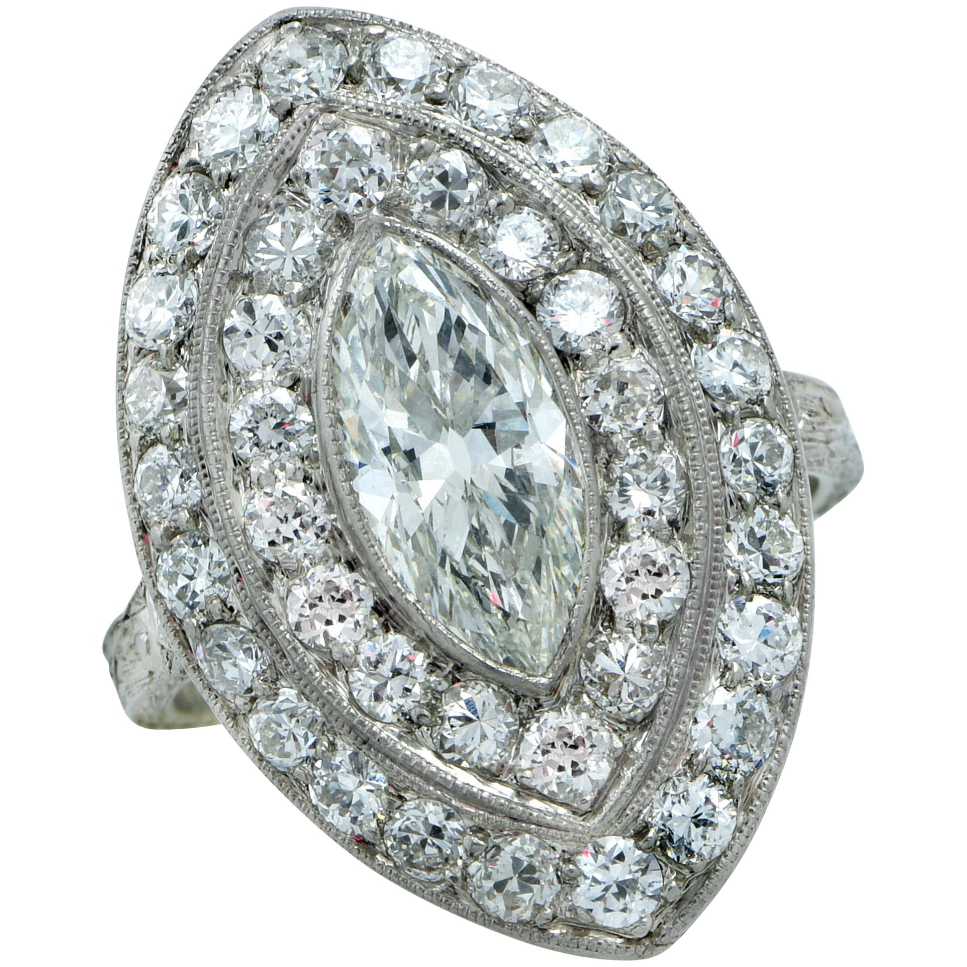 Art Deco 1.04 Carat Marquise Cut Diamond Platinum Ring