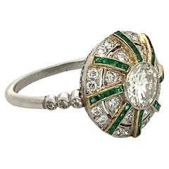 Bague Art déco en diamant taille vieille Europe de 1,04 carat et émeraude